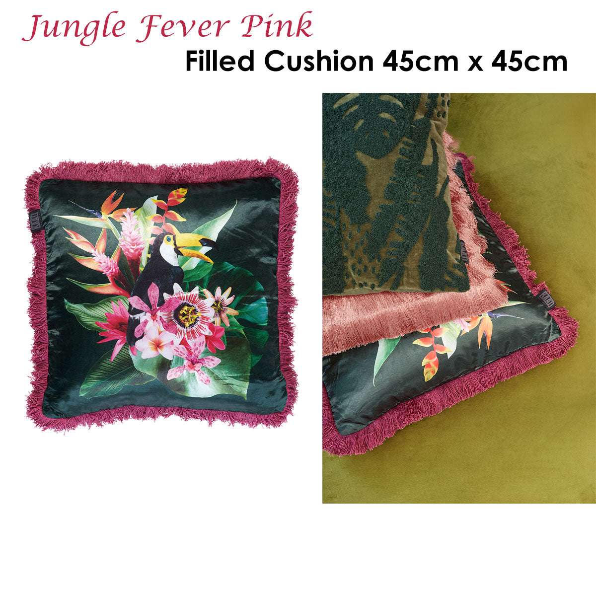 Bedding House Jungle Fever Pink Filled Cushion with vibrant fringe design in multiple colors.