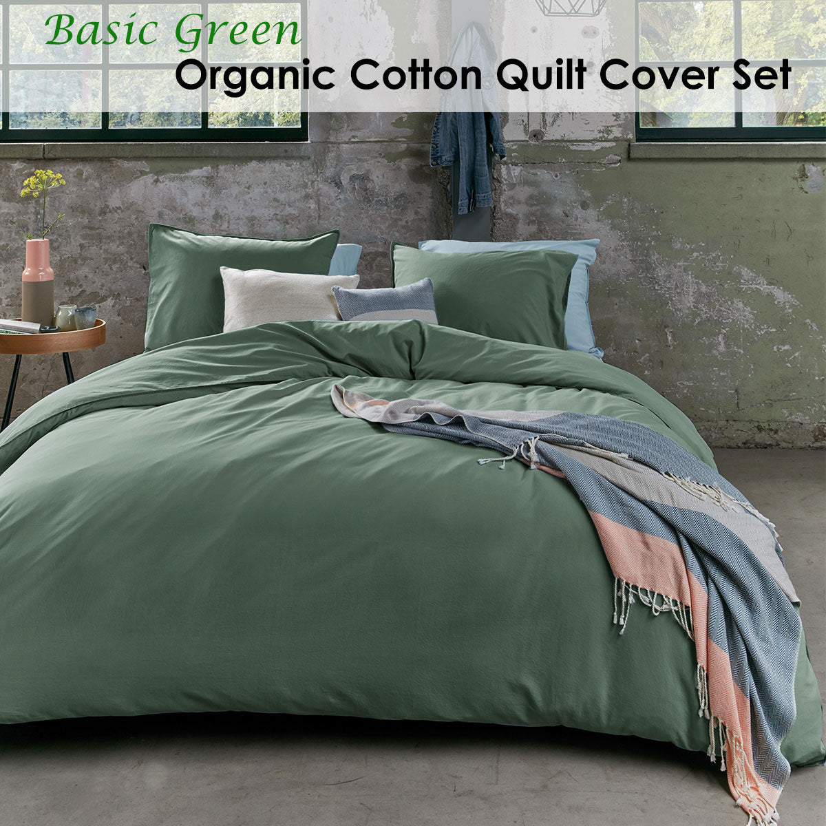 Bedding House Organic Cotton Basic Green Quilt Cover Set King displayed on a bed, showcasing its solid green color and soft texture.