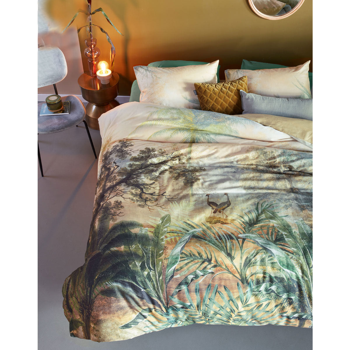 Bedding House Panoramic Green Cotton Sateen Quilt Cover Set King featuring a tropical landscape with palm trees and cranes.