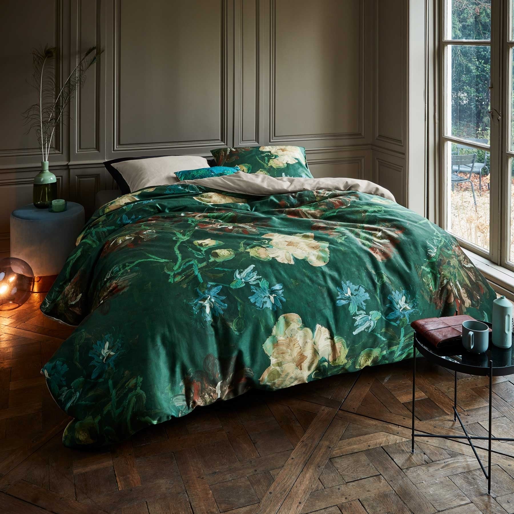 Bedding House Peonies Green Quilt Cover Set featuring vibrant floral design inspired by Van Gogh's artwork, made of 100% cotton sateen.