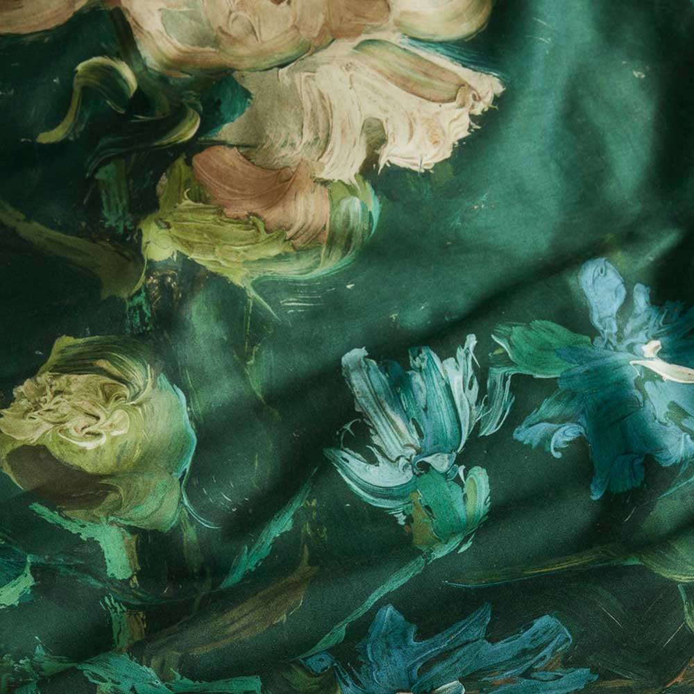 Bedding House Peonies Green Quilt Cover Set featuring vibrant floral design inspired by Van Gogh's artwork, made of 100% cotton sateen.