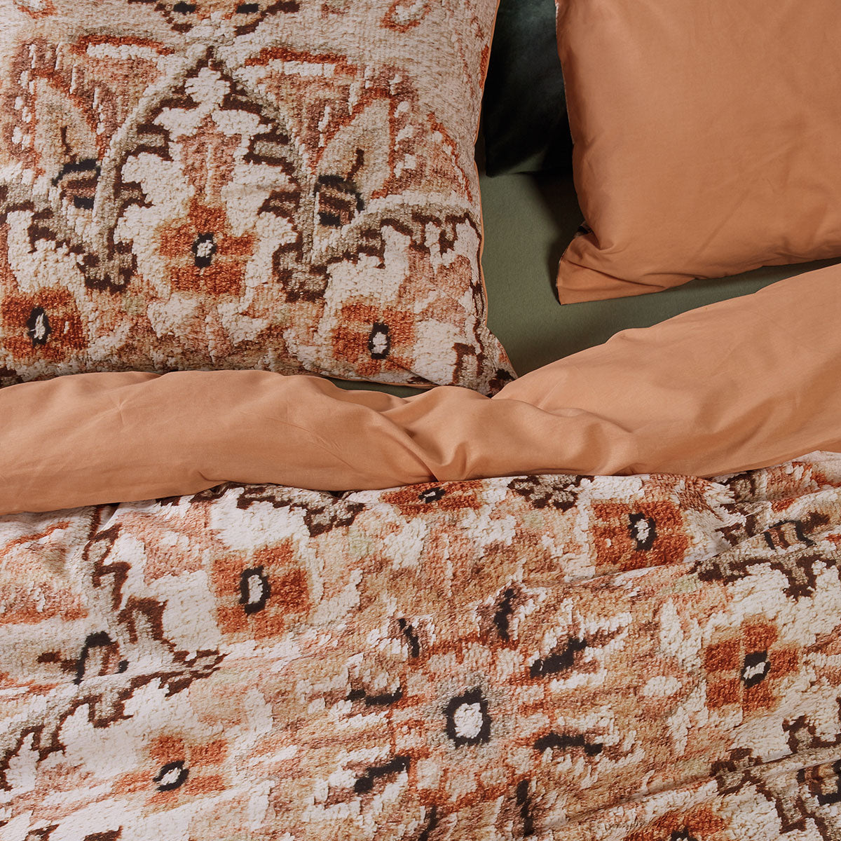 Bedding House Persian Rug Natural Cotton Quilt Cover Set King featuring vibrant Persian carpet print in orange, coral, black, and burgundy colors.