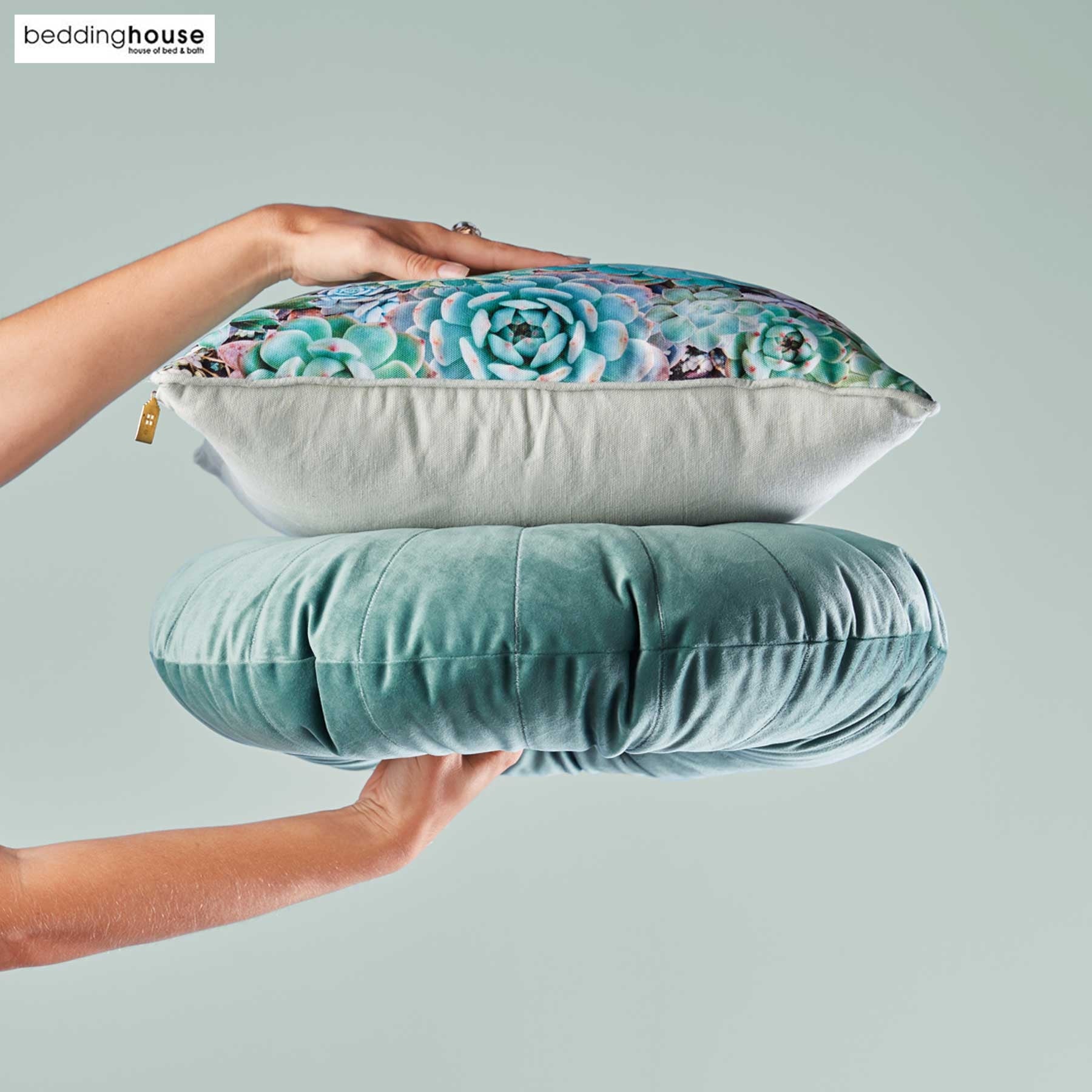 Bedding House Plantiful Green Filled Square Cushion with vibrant flower cactus design in cream, green, teal, pink, yellow, and blue colors.