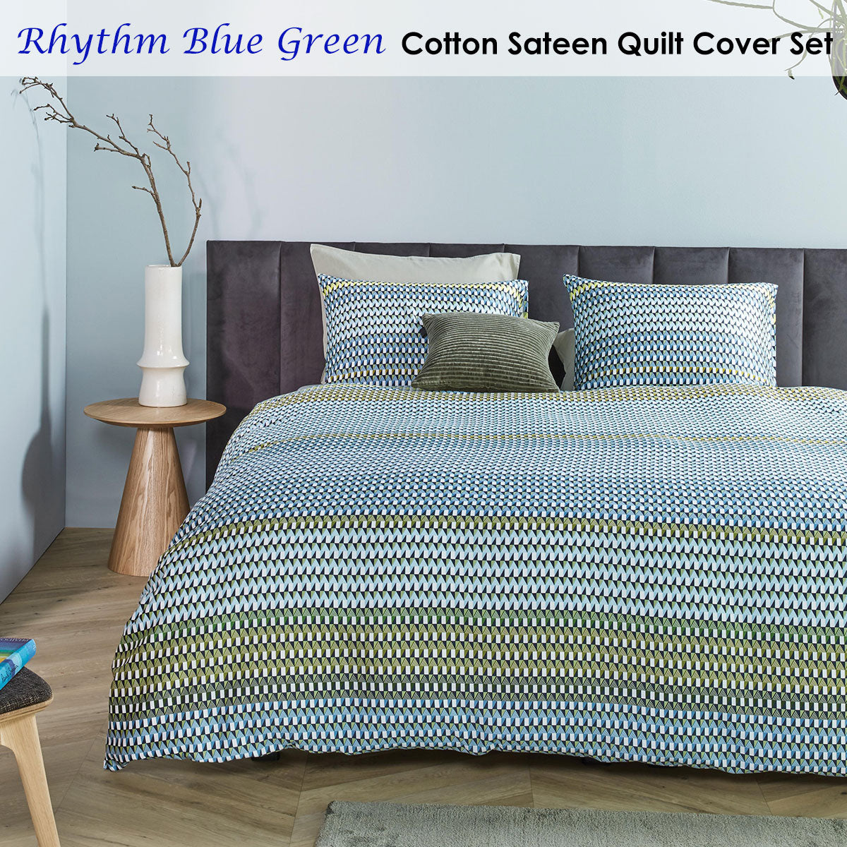 Bedding House Rhythm Blue Green Cotton Sateen Quilt Cover Set King featuring geometric print in vibrant colors.
