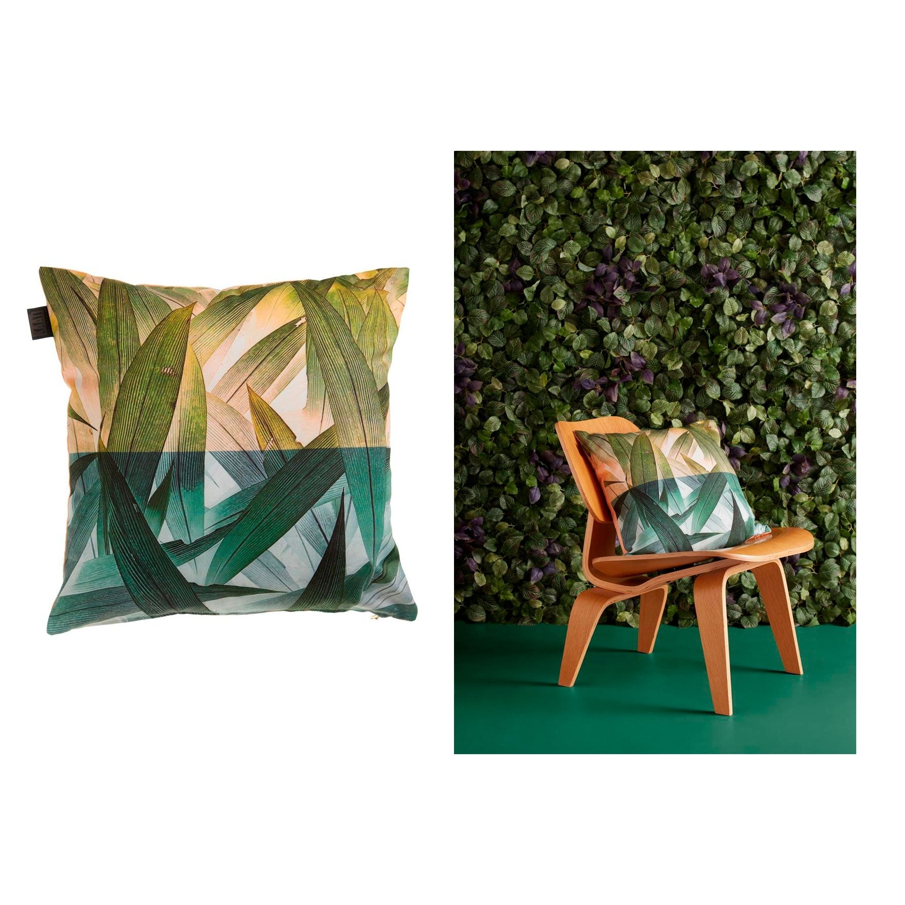 Bedding House Tropical Flora Green Cushion with vibrant tropical leaves design in multiple colors, 45 x 45 cm size.