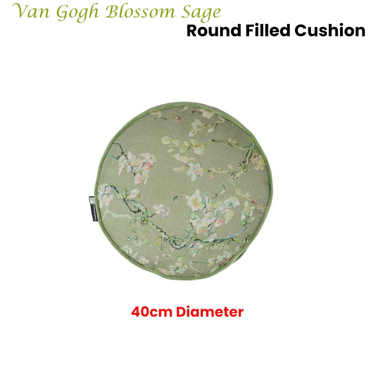 Bedding House Van Gogh Blossom Sage Round Filled Cushion with Almond Blossom print, 40cm diameter, featuring a green back and cord piping.