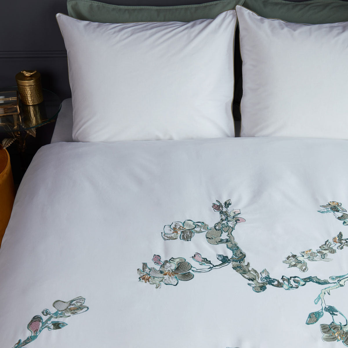 Bedding House Van Gogh Embroidered Blossom White Cotton Sateen Quilt featuring almond blossom design on a white background.