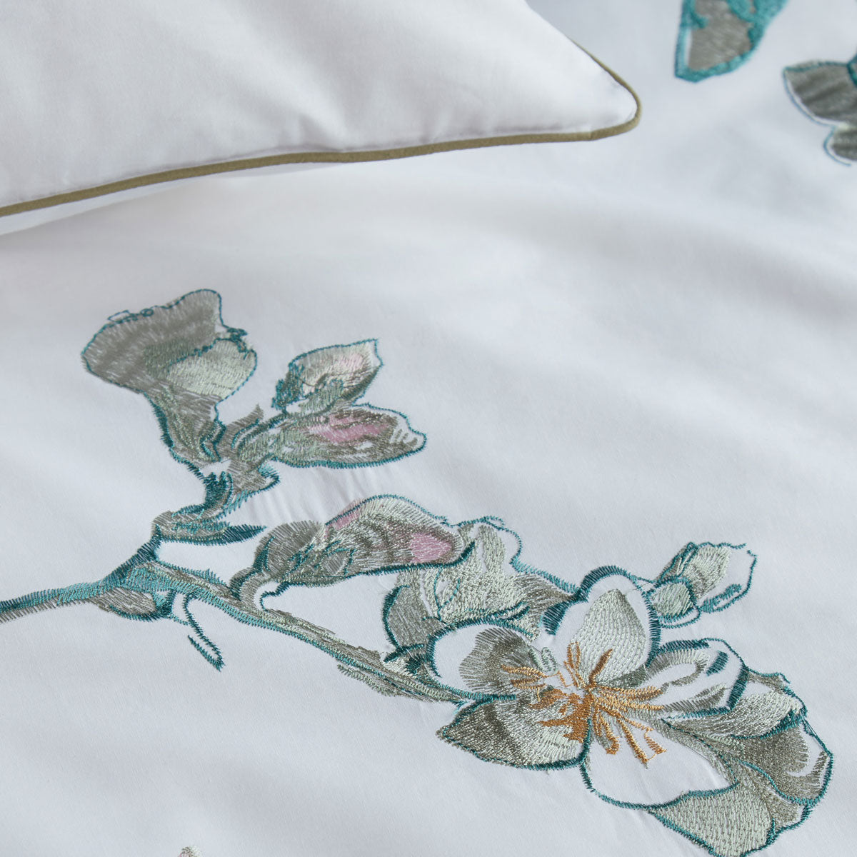 Bedding House Van Gogh Embroidered Blossom White Cotton Sateen Quilt featuring almond blossom design on a white background.