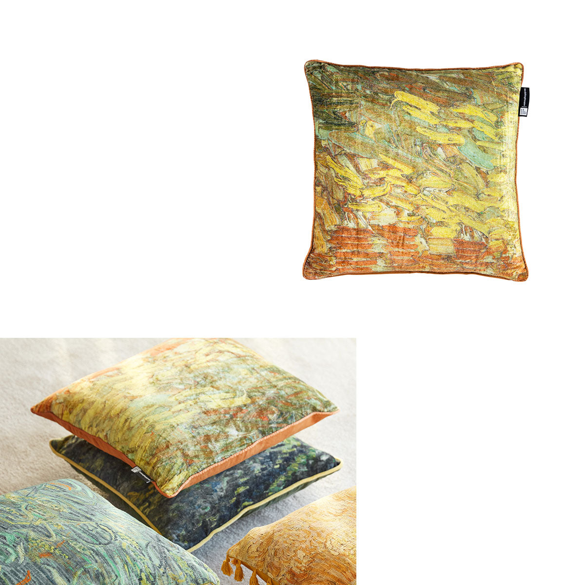 Bedding House Van Gogh Paint Ochre Filled Square Cushion featuring a twilight landscape print with vibrant colors and a soft velvet texture.