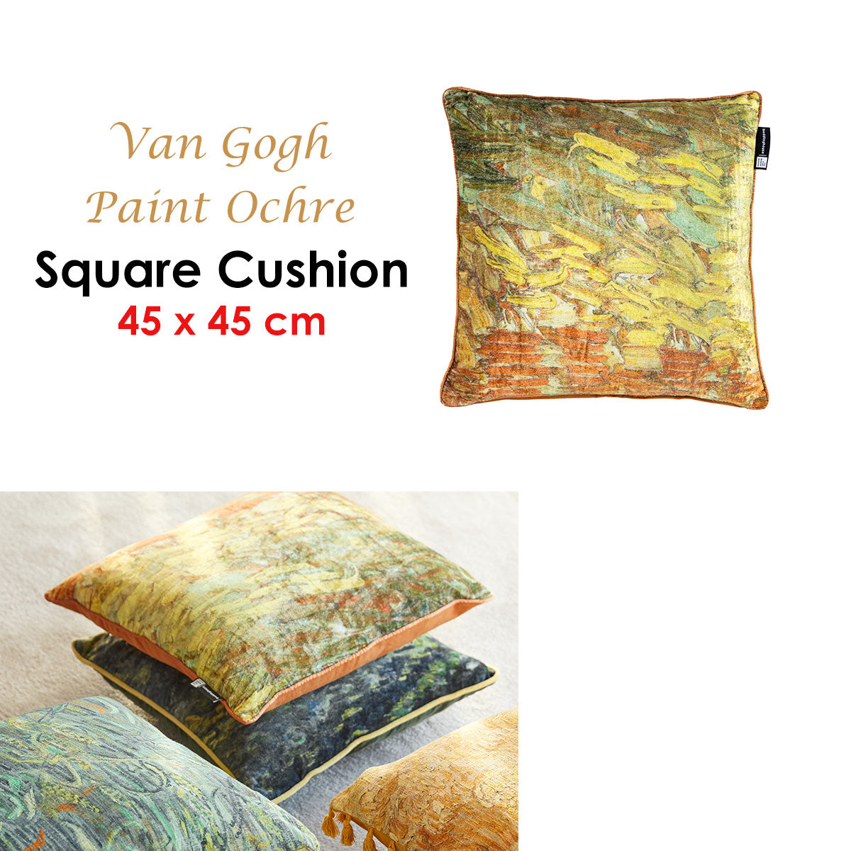Bedding House Van Gogh Paint Ochre Filled Square Cushion featuring a twilight landscape print with vibrant colors and a soft velvet texture.