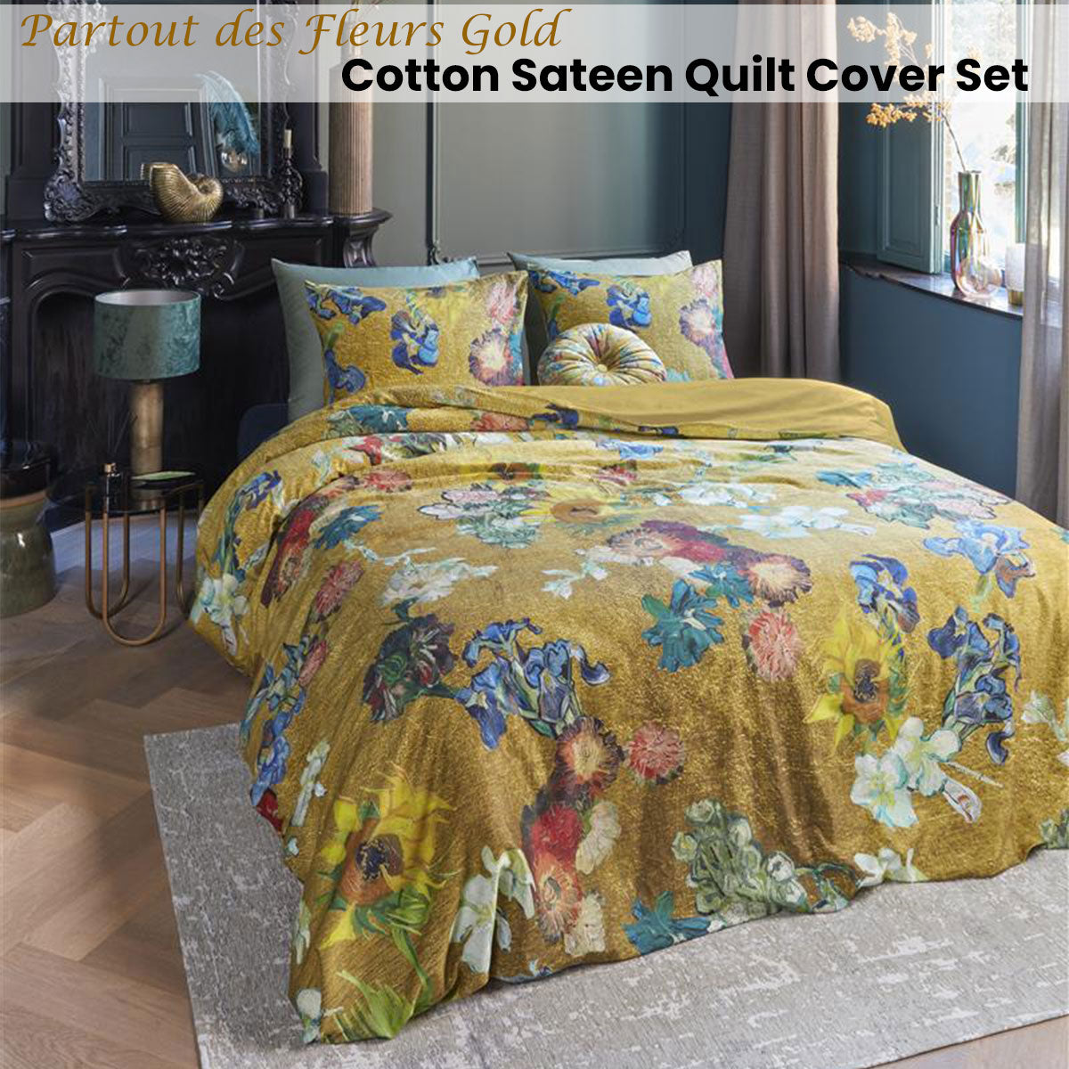 Bedding House Van Gogh Partout des Fleurs Gold Cotton Sateen Quilt Cover Set featuring vibrant floral designs on a golden background.