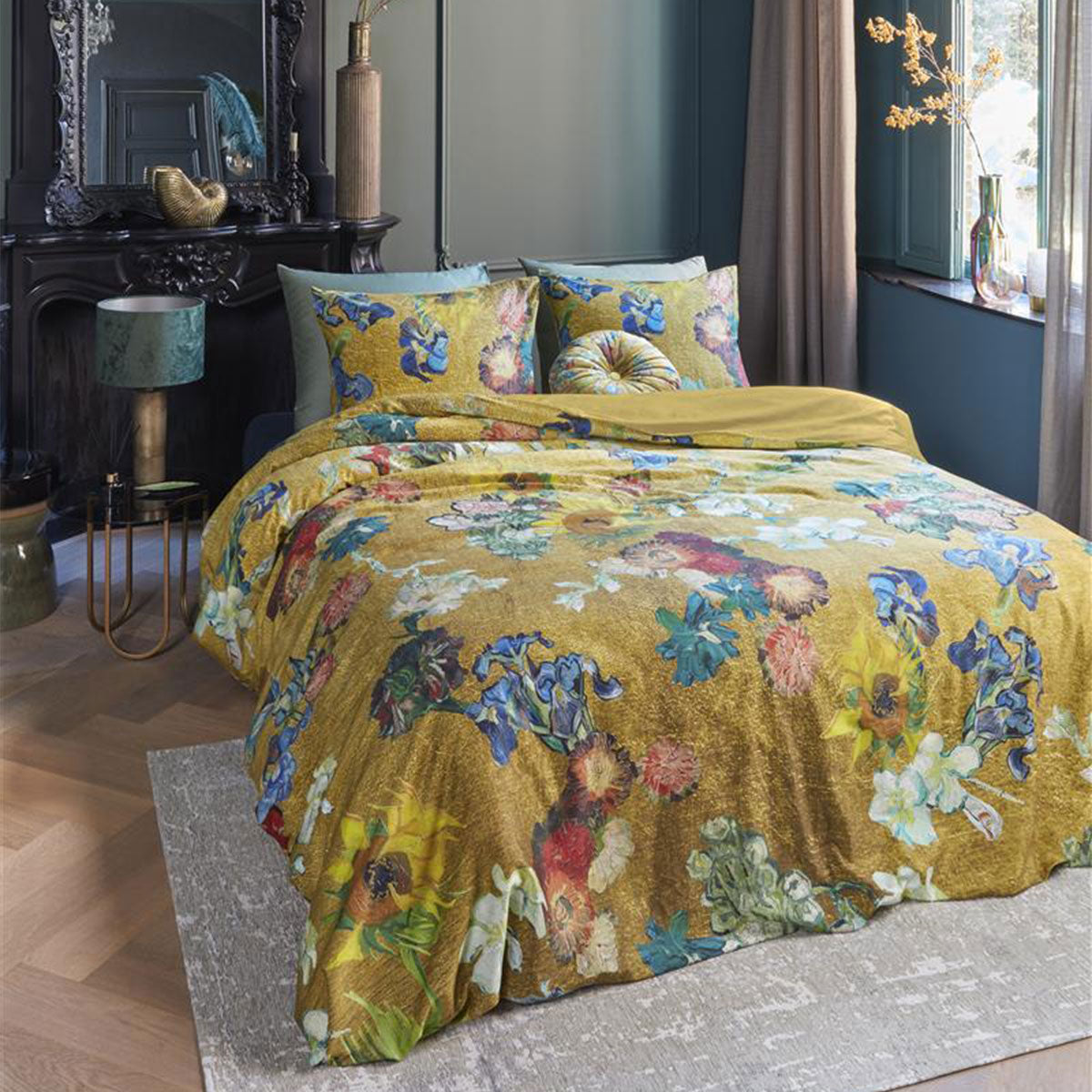 Bedding House Van Gogh Partout des Fleurs Gold Cotton Sateen Quilt Cover Set featuring vibrant floral designs on a golden background.