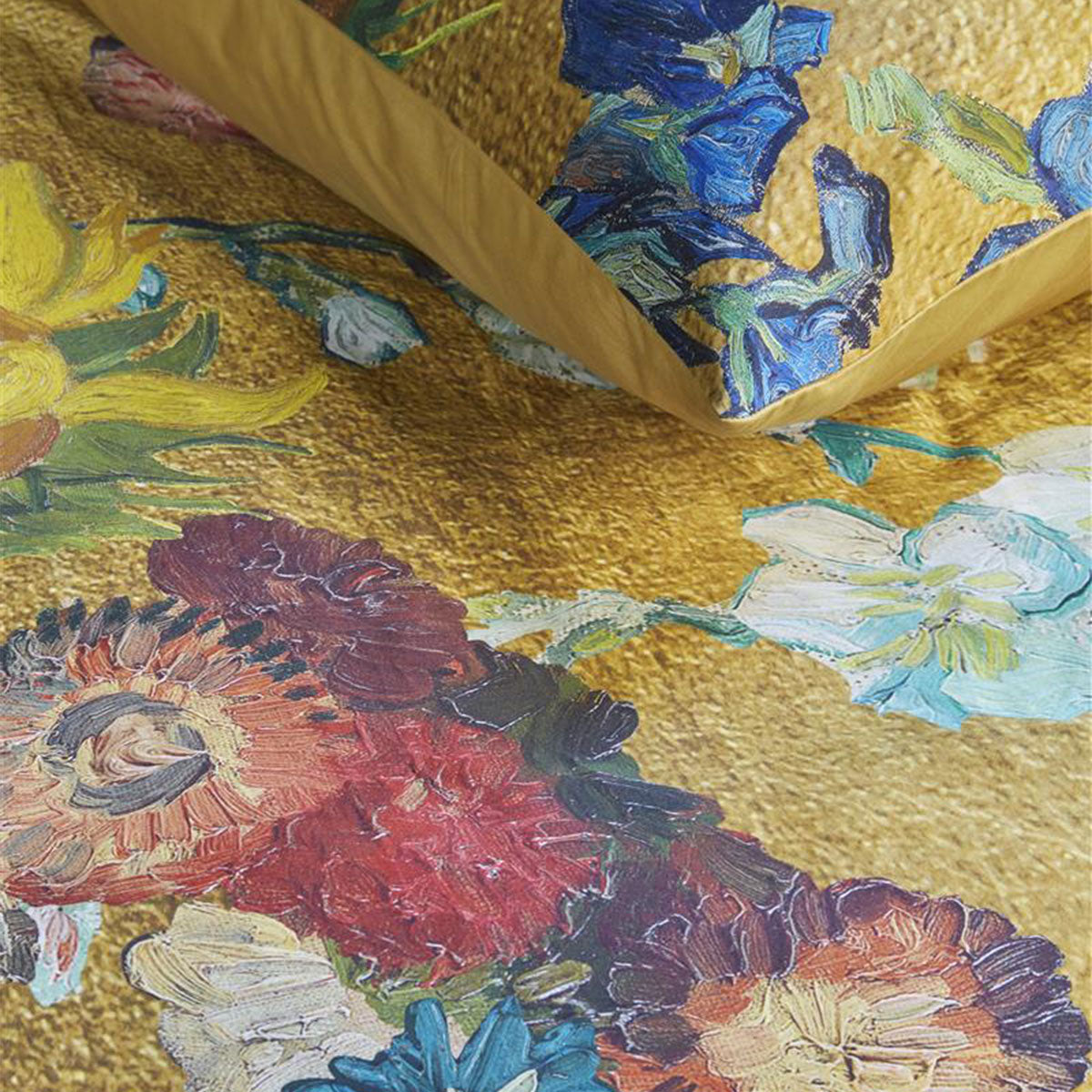 Bedding House Van Gogh Partout des Fleurs Gold Cotton Sateen Quilt Cover Set featuring vibrant floral designs on a golden background.