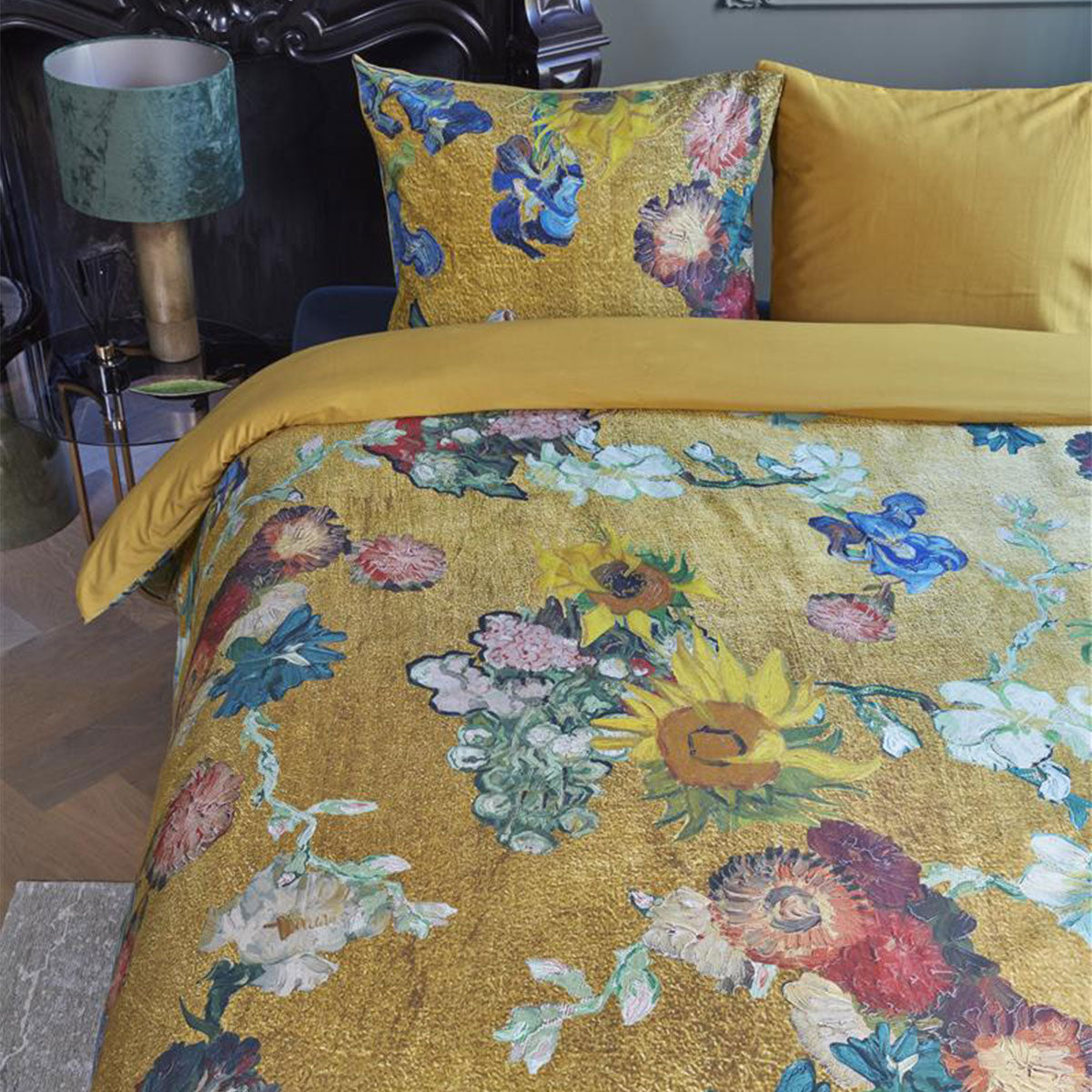 Bedding House Van Gogh Partout des Fleurs Gold Cotton Sateen Quilt Cover Set featuring vibrant floral designs on a golden background.
