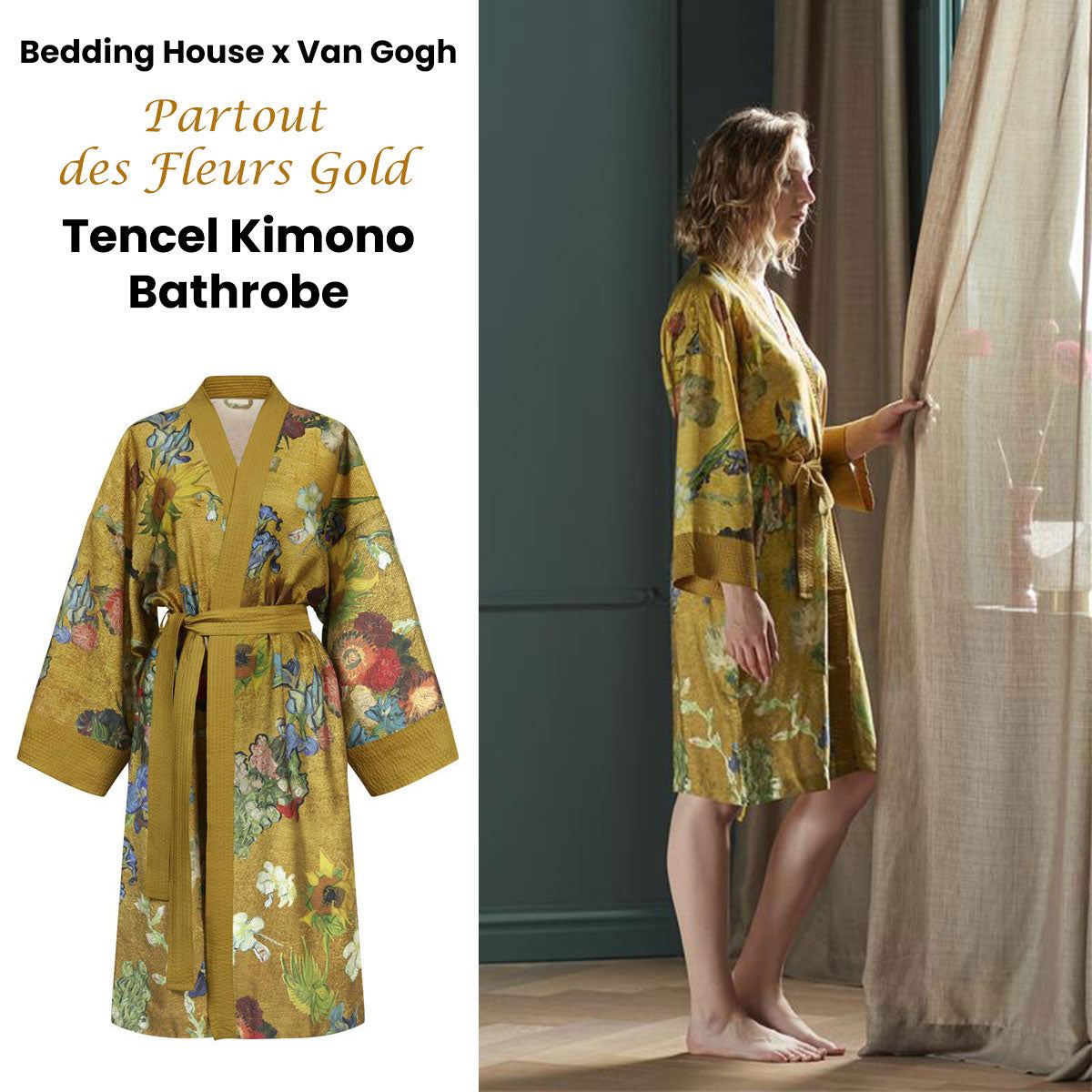 Bedding House Van Gogh Partout des Fleurs Gold Kimono Bath Robe featuring a vibrant floral print on a golden background.