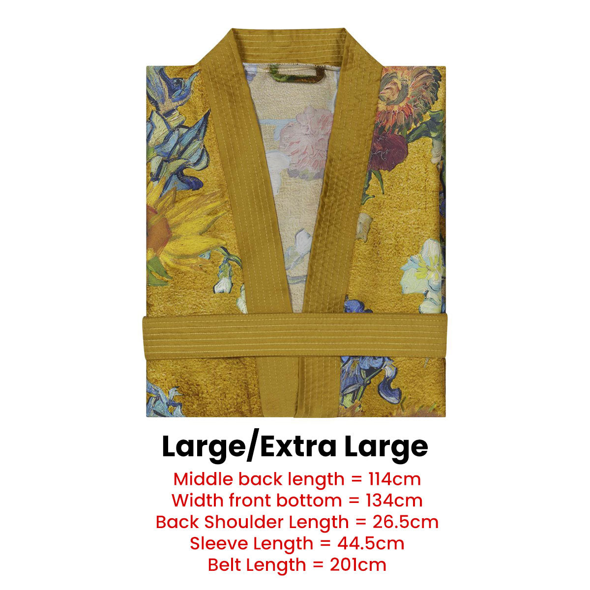 Bedding House Van Gogh Partout des Fleurs Gold Kimono Bath Robe featuring a vibrant floral print on a golden background.