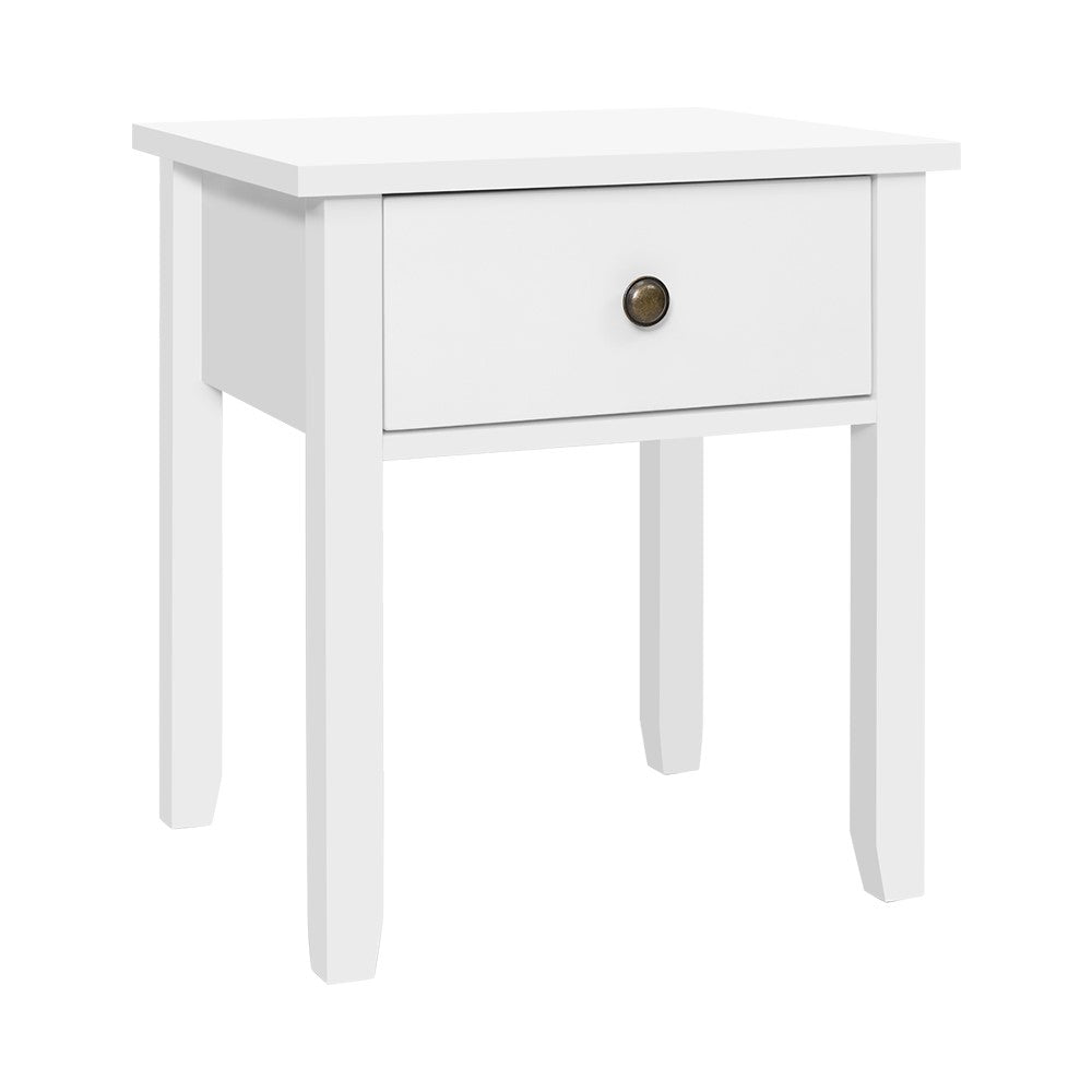 Elegant white bedside table with a drawer and retro metal knob, showcasing a smooth NC lacquer finish and sturdy pine wood legs.