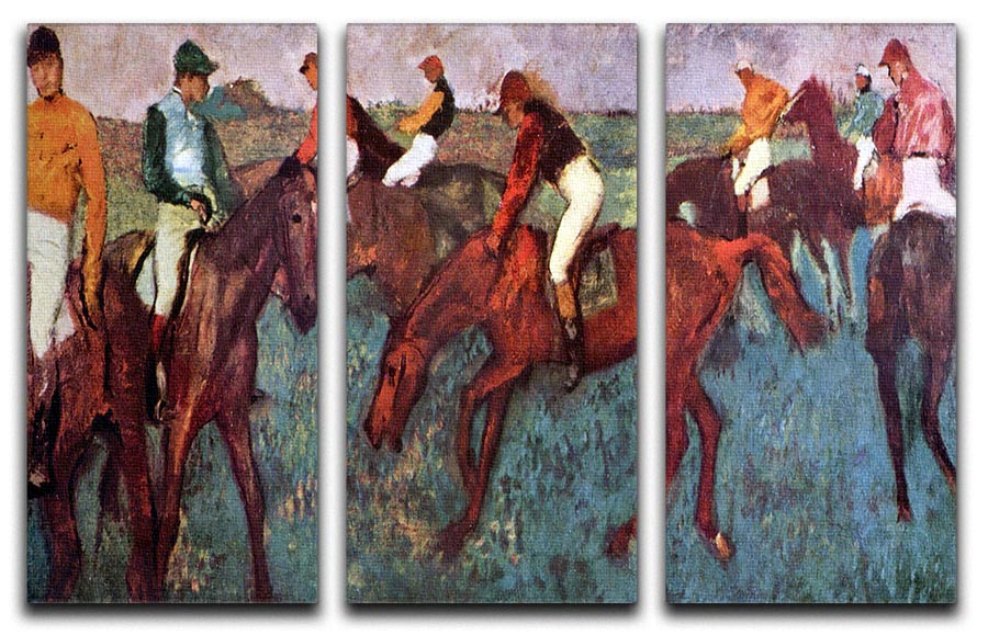 Three-panel canvas art featuring Degas's Before the Start Jockeis, showcasing elegant horse racing training scene.