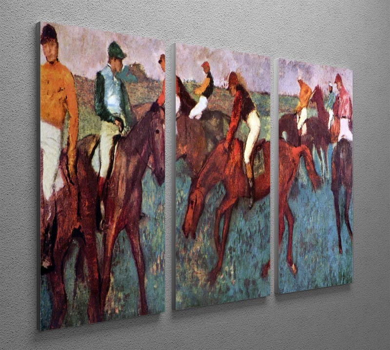 Three-panel canvas art featuring Degas's Before the Start Jockeis, showcasing elegant horse racing training scene.