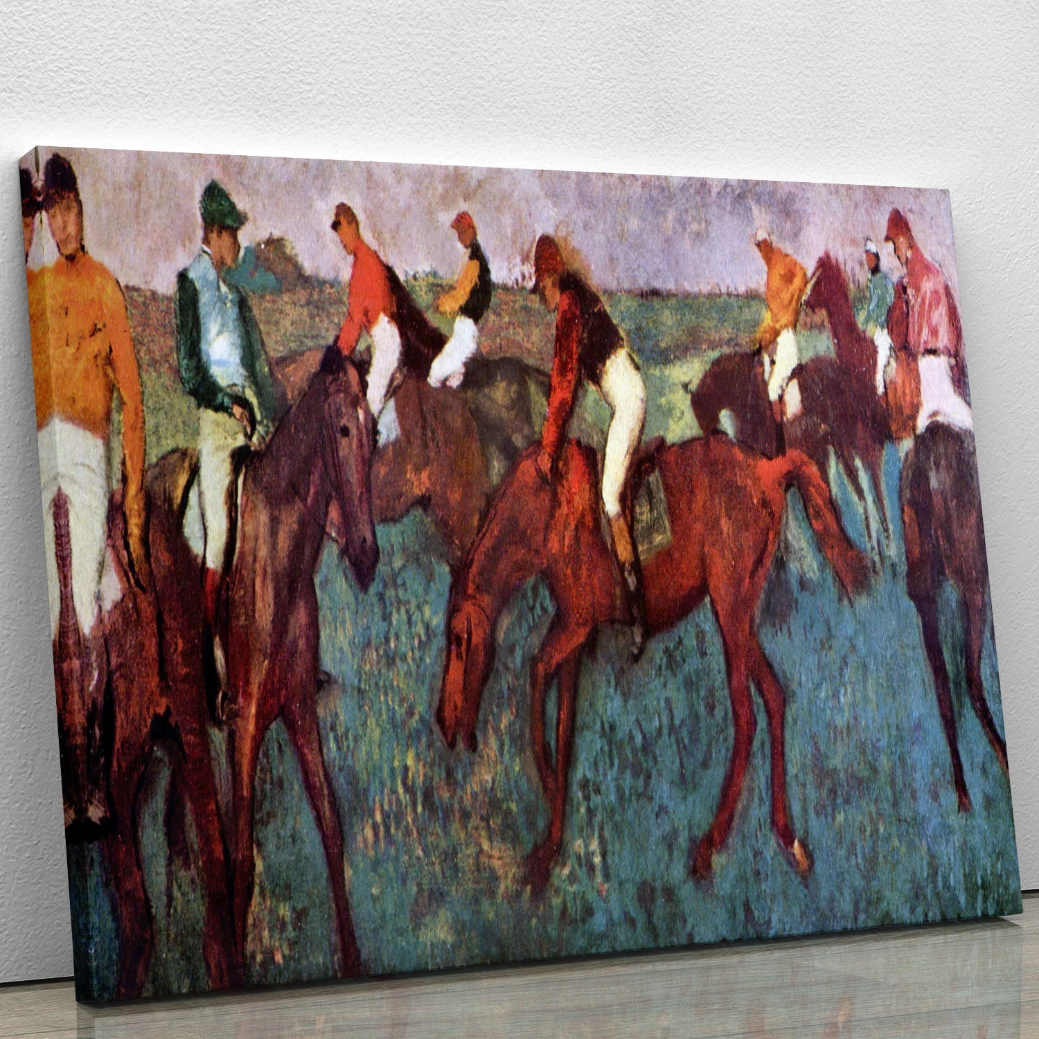 Canvas print of Degas' 'Before the Start', showcasing jockeys during training with vibrant colors and intricate details.