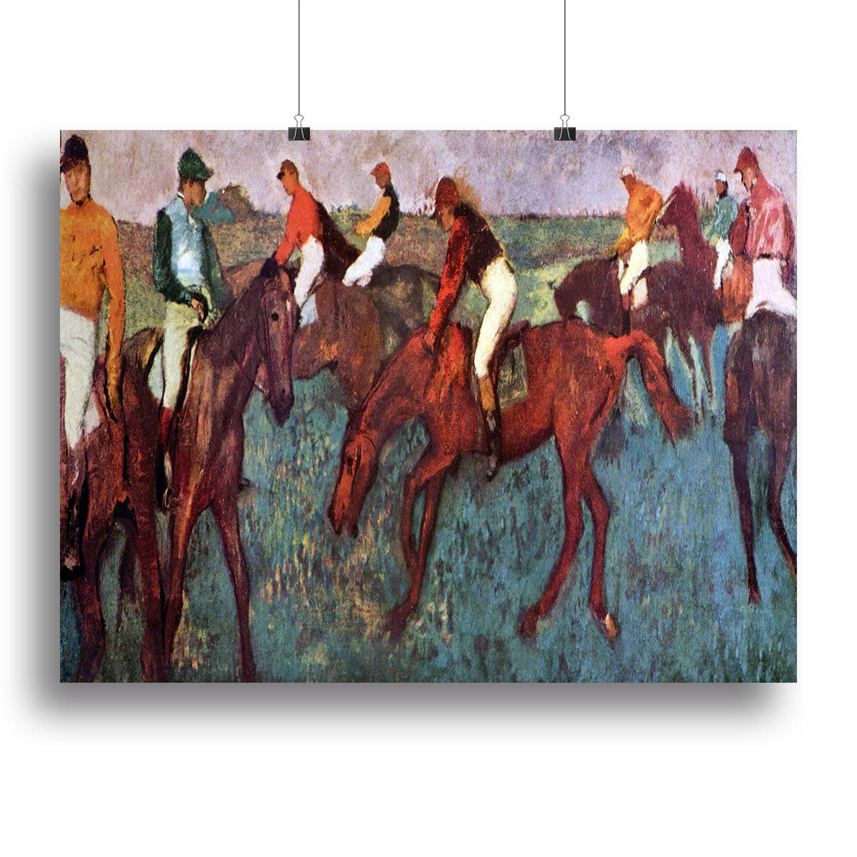 Canvas print of Degas' 'Before the Start', showcasing jockeys during training with vibrant colors and intricate details.