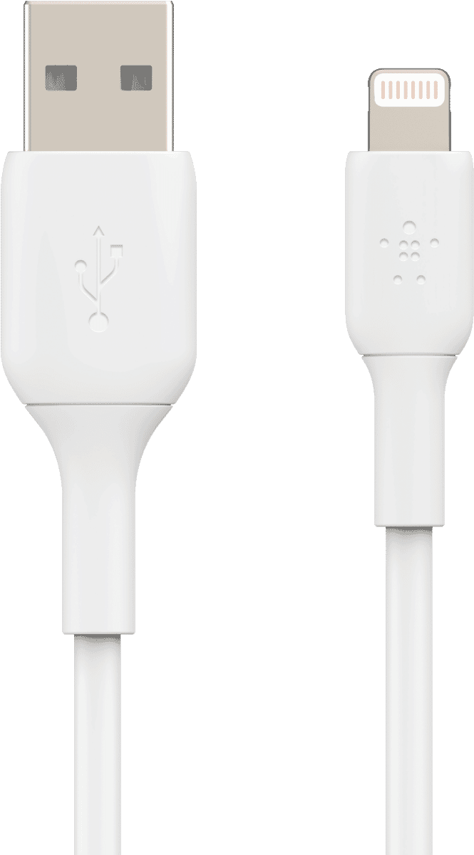 Belkin BoostCharge Lightning to USB Cable 1m in white, showcasing its connectors and durable design.