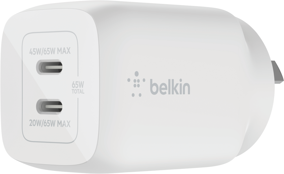 Belkin Dual USB-C GaN Wall Charger with two USB-C ports and compact design, ideal for fast charging.