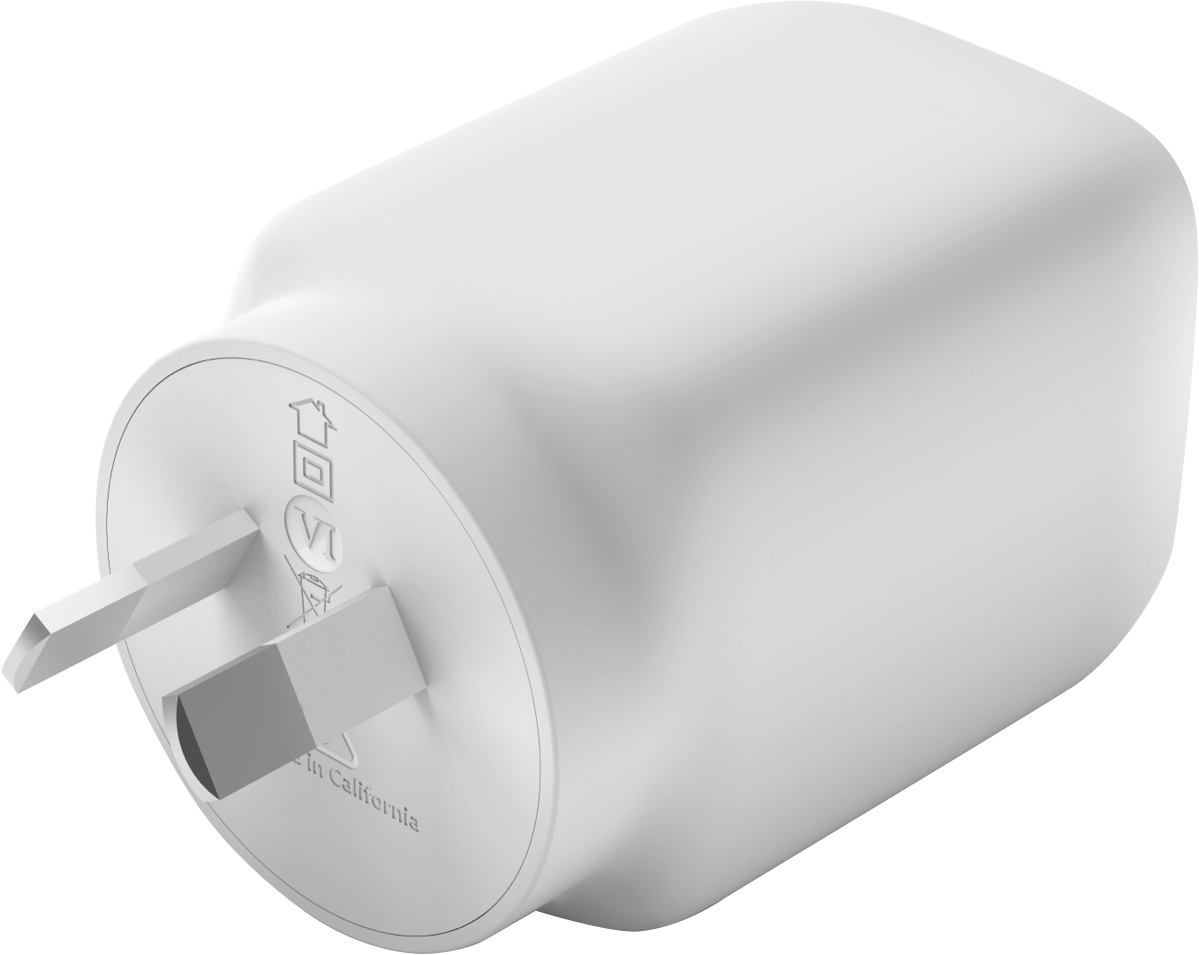 Belkin Dual USB-C GaN Wall Charger with two USB-C ports and compact design, ideal for fast charging.