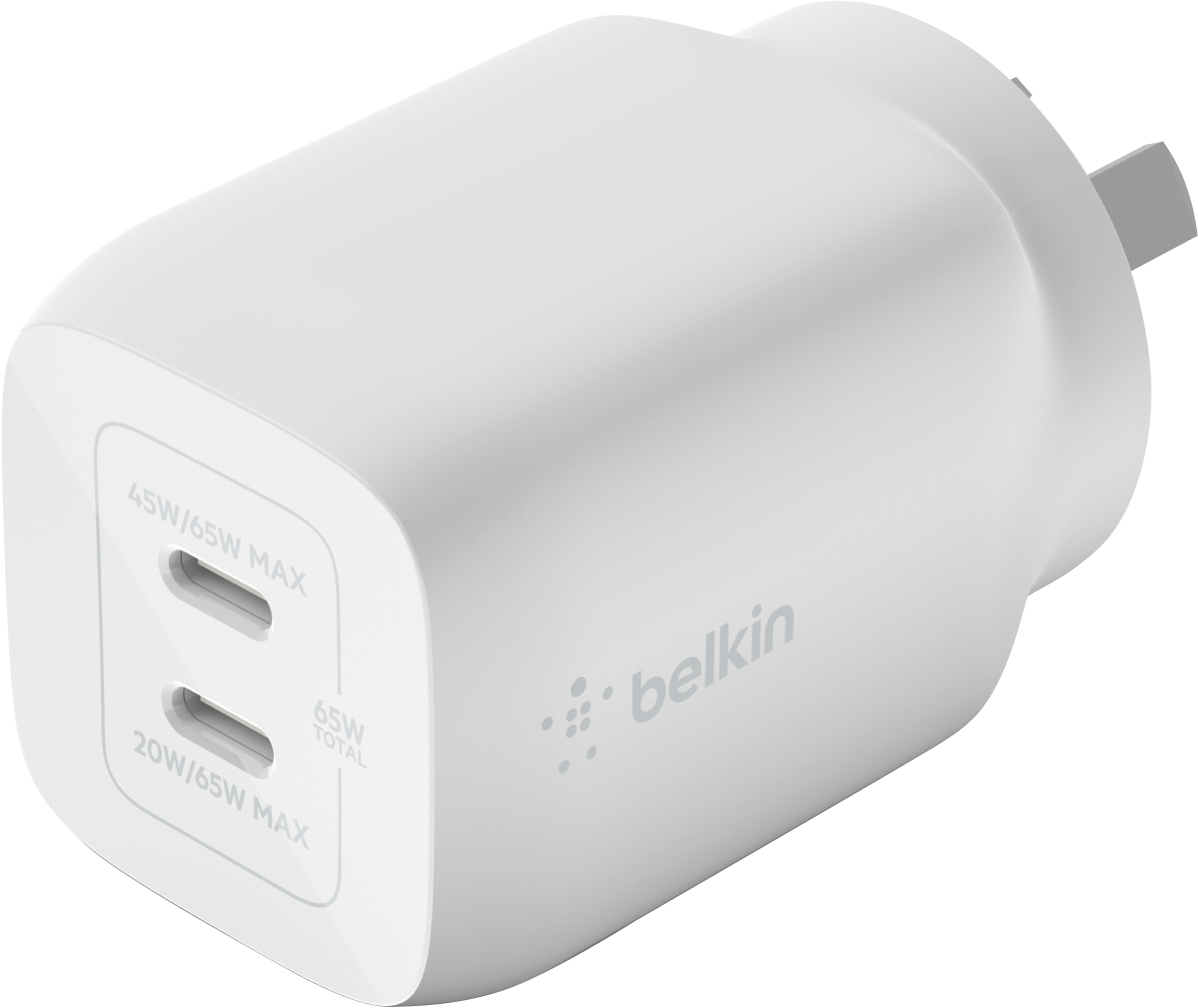 Belkin Dual USB-C GaN Wall Charger with two USB-C ports and compact design, ideal for fast charging.