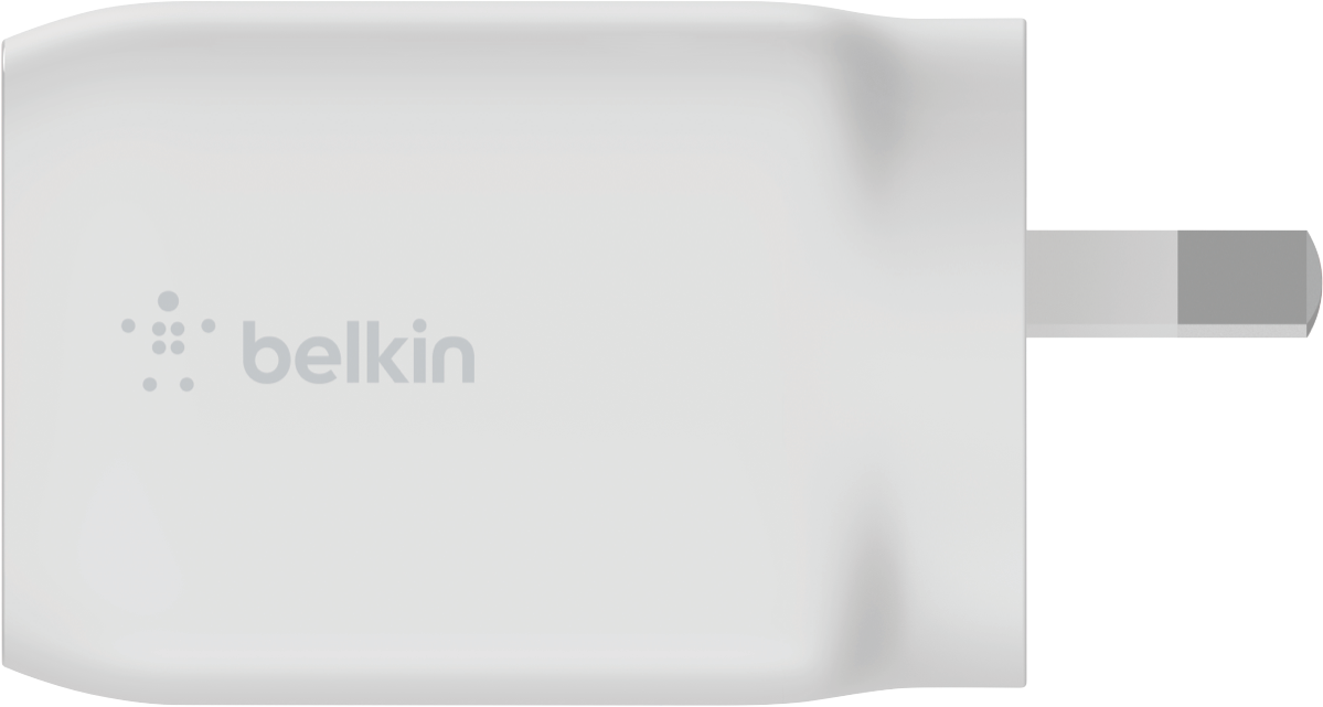 Belkin Dual USB-C GaN Wall Charger with two USB-C ports and compact design, ideal for fast charging.