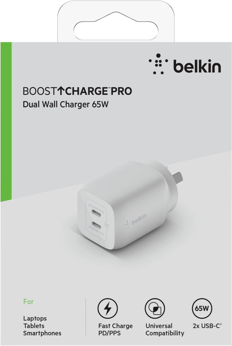 Belkin Dual USB-C GaN Wall Charger with two USB-C ports and compact design, ideal for fast charging.