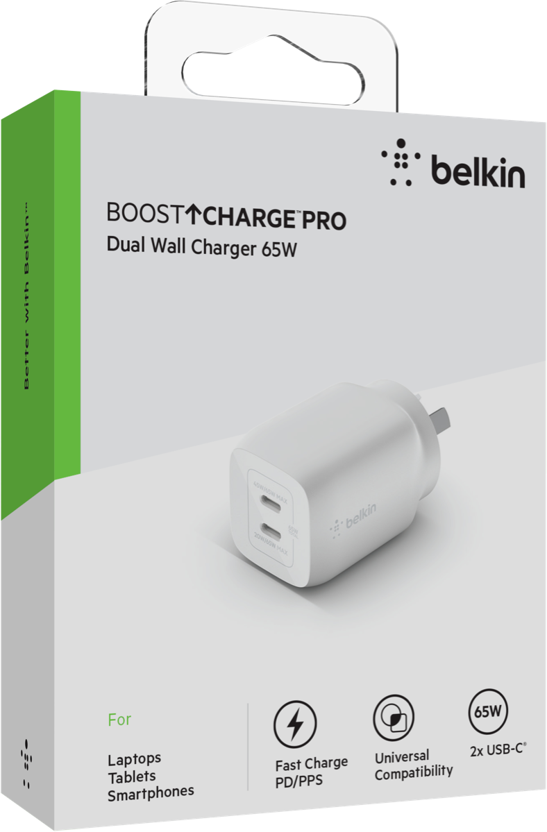 Belkin Dual USB-C GaN Wall Charger with two USB-C ports and compact design, ideal for fast charging.