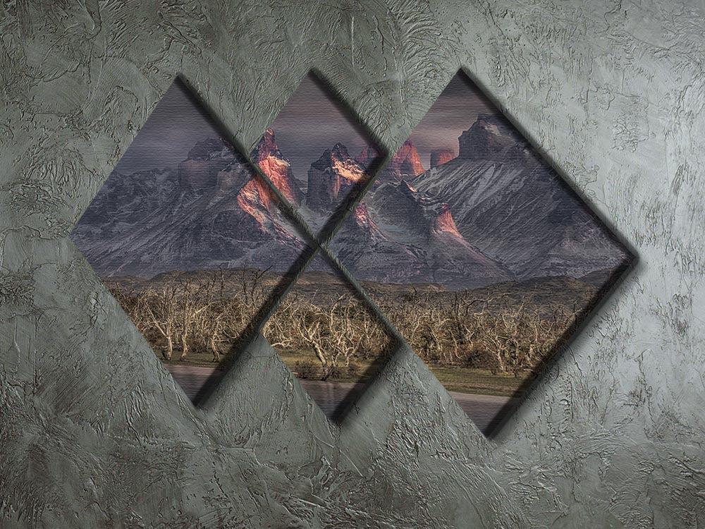 A stunning 4-square multi panel canvas depicting the majestic peaks of Patagonia, showcasing vibrant colors and intricate details.