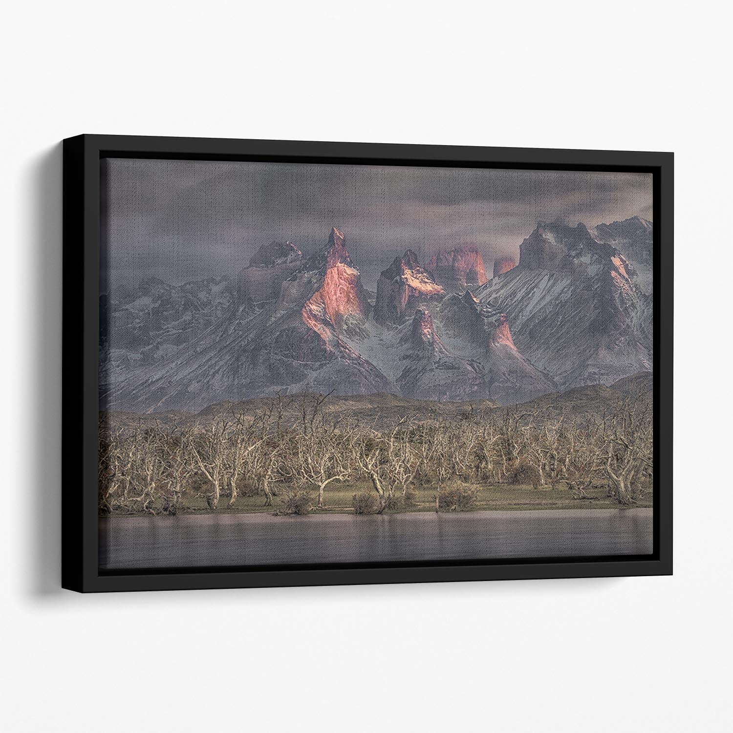 Below The Peaks Of Patagonia Floating Framed Canvas showcasing vibrant abstract colors in a handcrafted wooden frame.