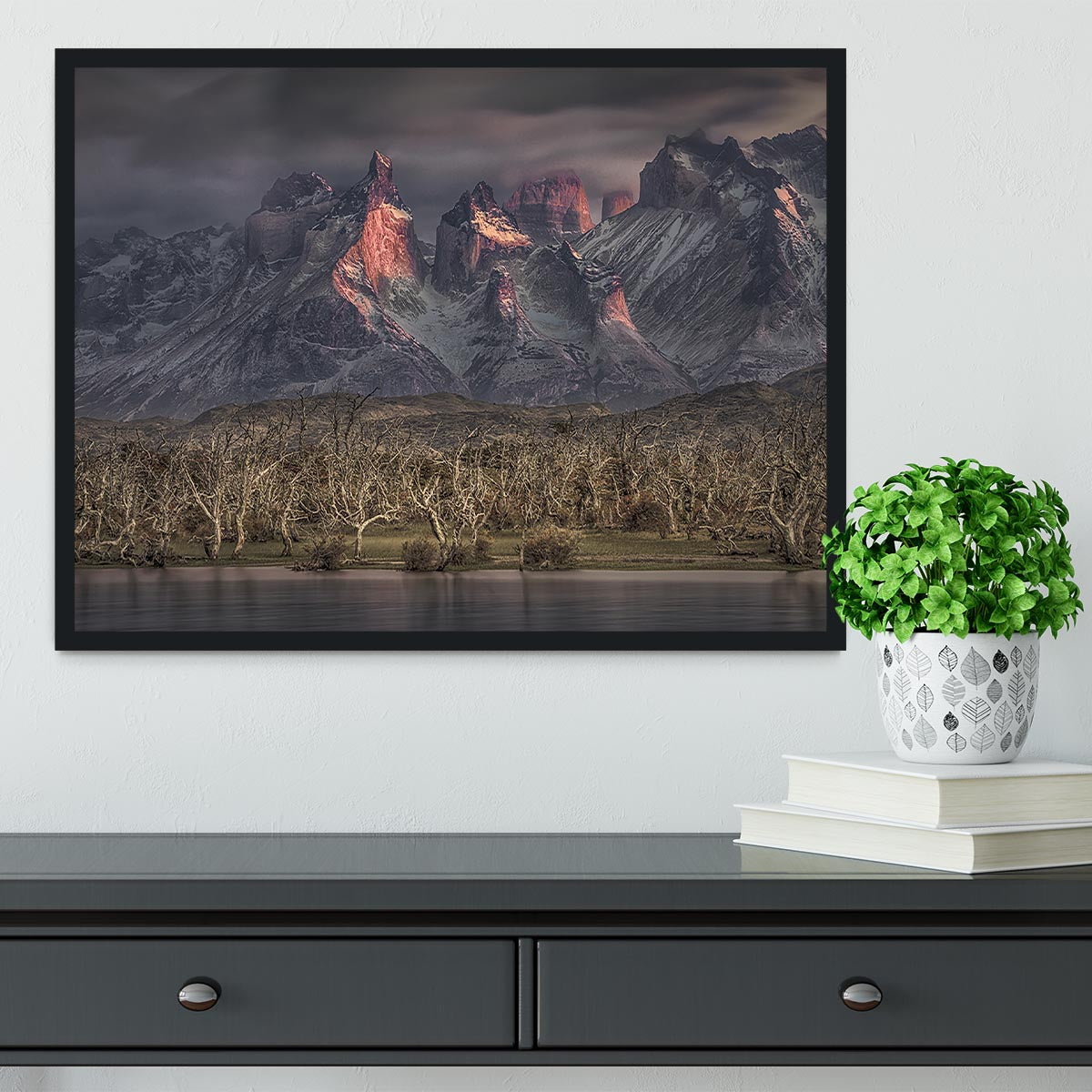 Below The Peaks Of Patagonia Framed Print showcasing vibrant colors and exquisite craftsmanship in a stylish frame.