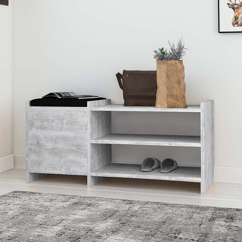 ANELLISE Grey Bench/Shoe Rack with antique white and grey finish, featuring a comfortable seat cushion and ample shoe storage.