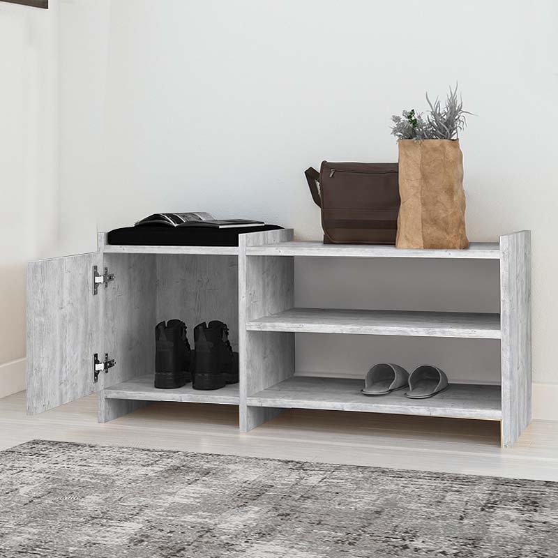ANELLISE Grey Bench/Shoe Rack with antique white and grey finish, featuring a comfortable seat cushion and ample shoe storage.