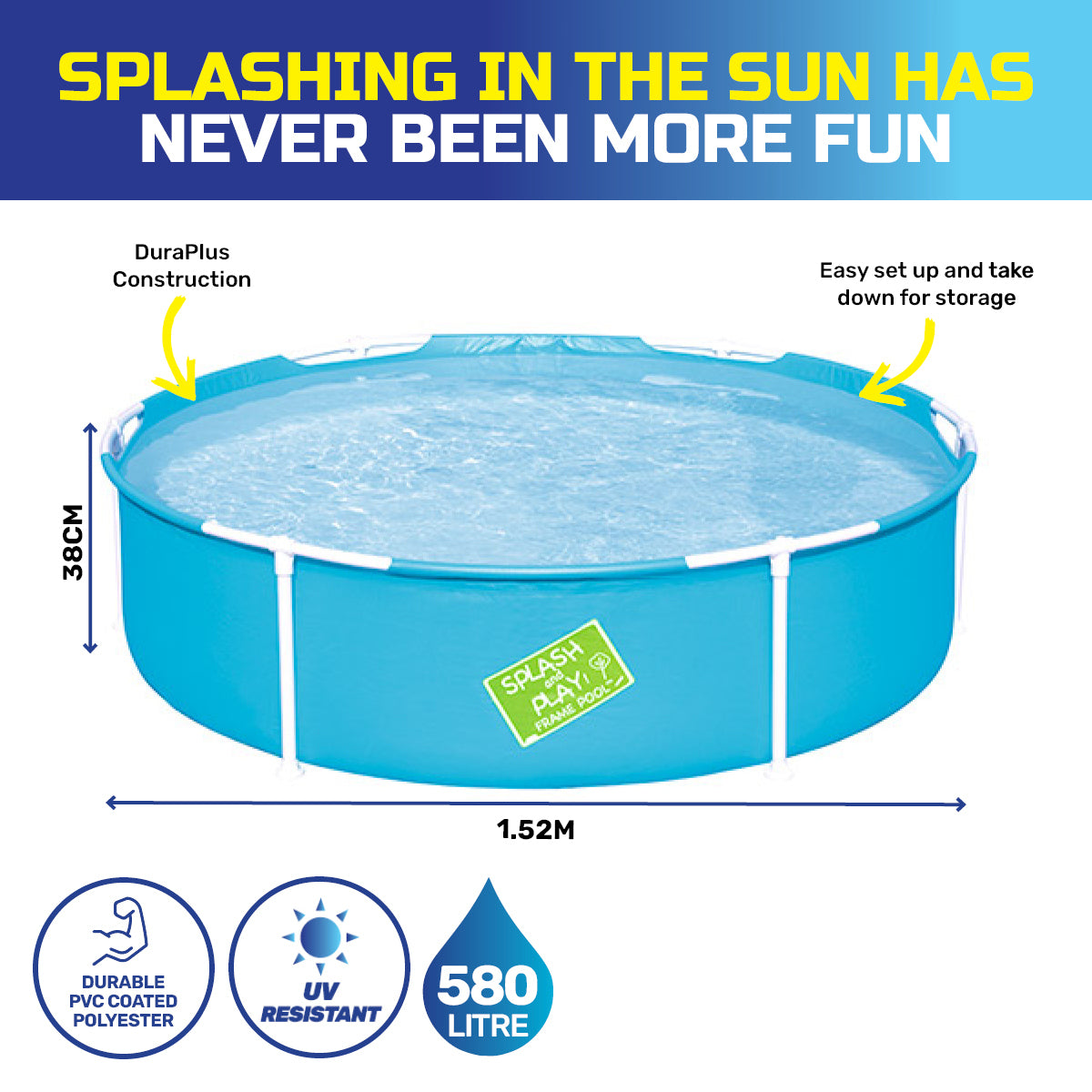 Bestway 1.52m x 38cm Kids Above Ground Pool with rust-resistant frame and UV resistant material, perfect for summer fun.
