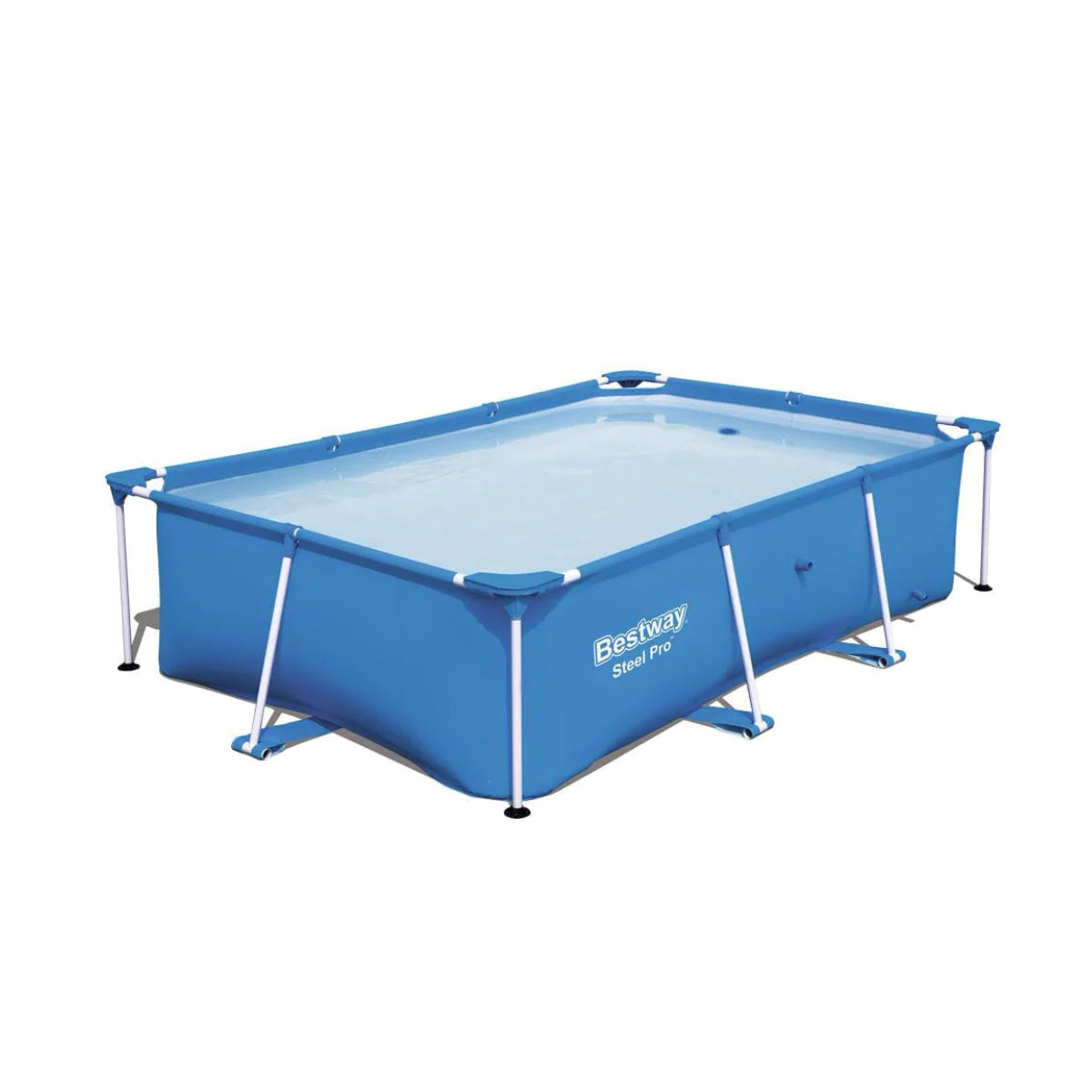 Bestway 2.2m x 1.5m Above Ground Pool with durable PVC construction and rust-resistant metal frames, set up in a backyard.
