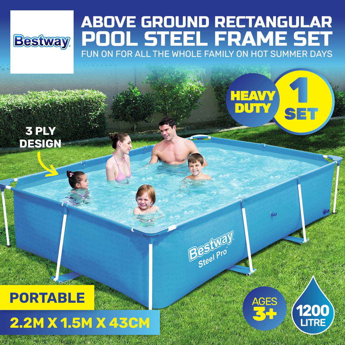 Bestway 2.2m x 1.5m Above Ground Pool with durable PVC construction and rust-resistant metal frames, set up in a backyard.