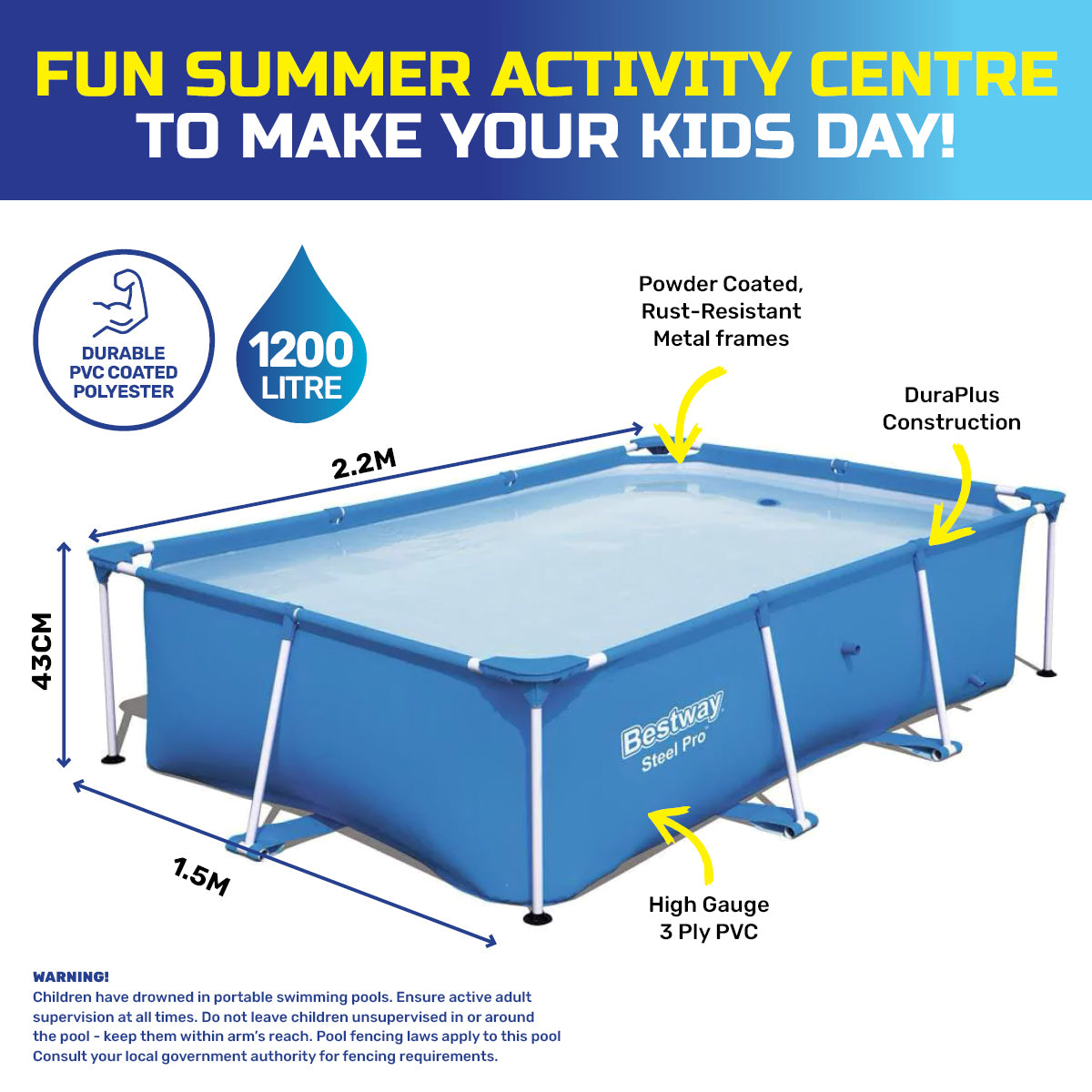Bestway 2.2m x 1.5m Above Ground Pool with durable PVC construction and rust-resistant metal frames, set up in a backyard.