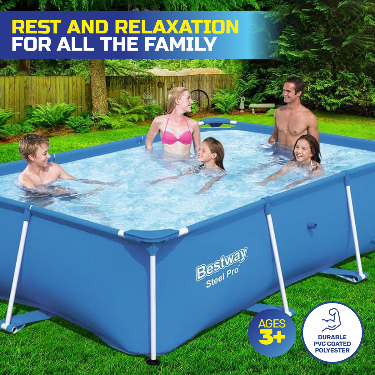 Bestway 2.2m x 1.5m Above Ground Pool with durable PVC construction and rust-resistant metal frames, set up in a backyard.