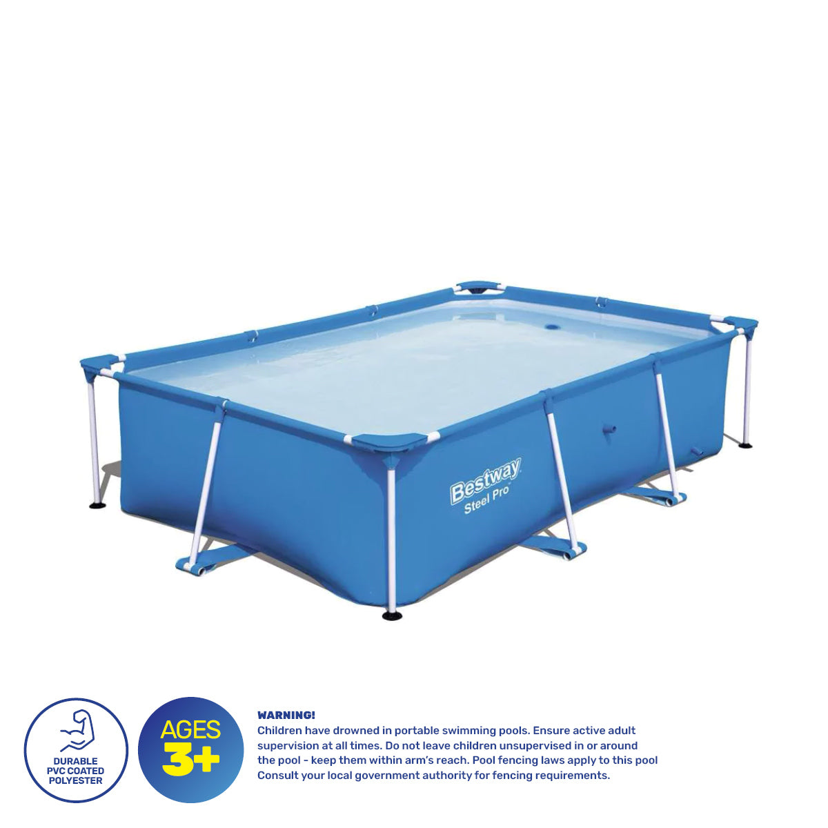 Bestway 2.2m x 1.5m Above Ground Pool with durable PVC construction and rust-resistant metal frames, set up in a backyard.