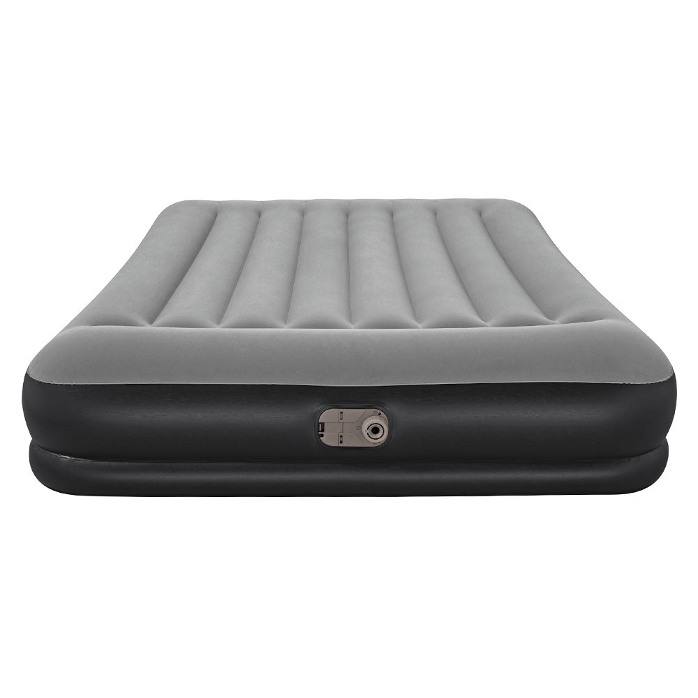 Bestway Air Bed Queen Size with built-in pump, showcasing its flocked surface and sturdy design, ideal for indoor and outdoor use.