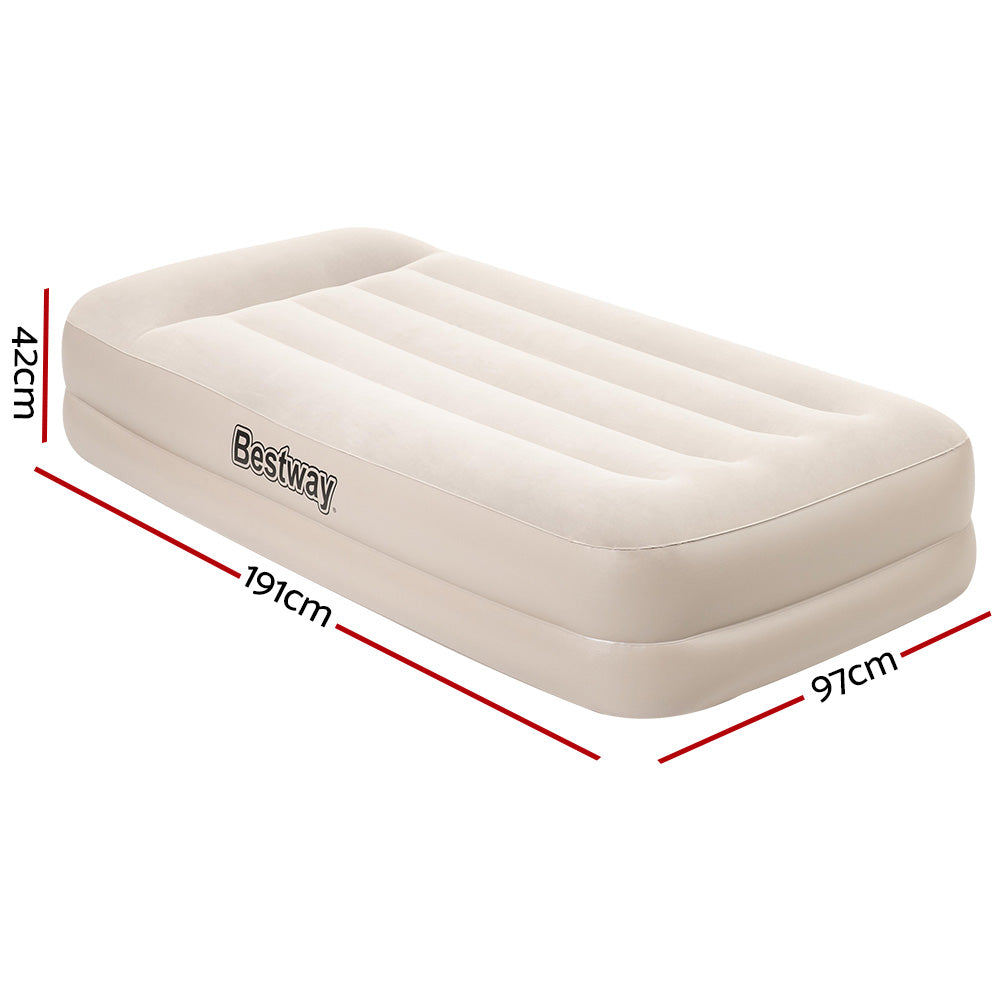 Bestway Air Bed single size mattress with built-in pump, showcasing its flocked surface and sturdy design, ideal for camping and home use.