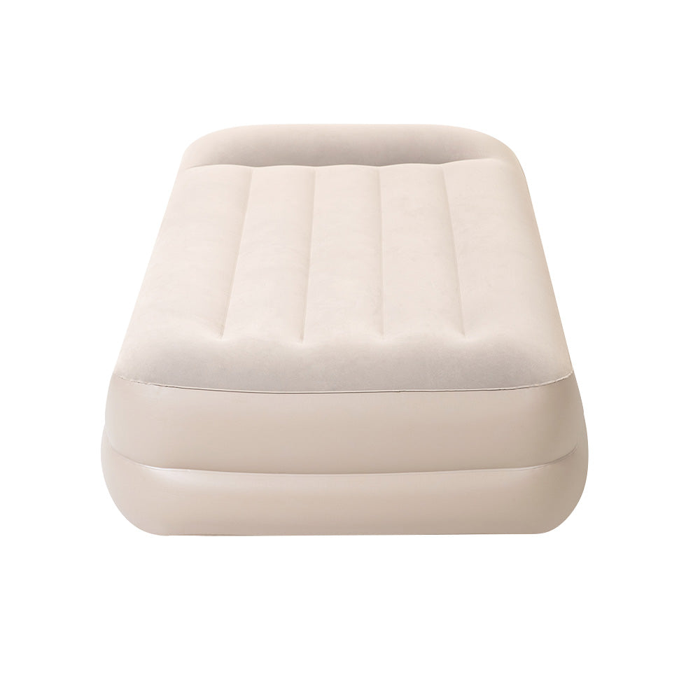Bestway Air Bed single size mattress with built-in pump, showcasing its flocked surface and sturdy design, ideal for camping and home use.