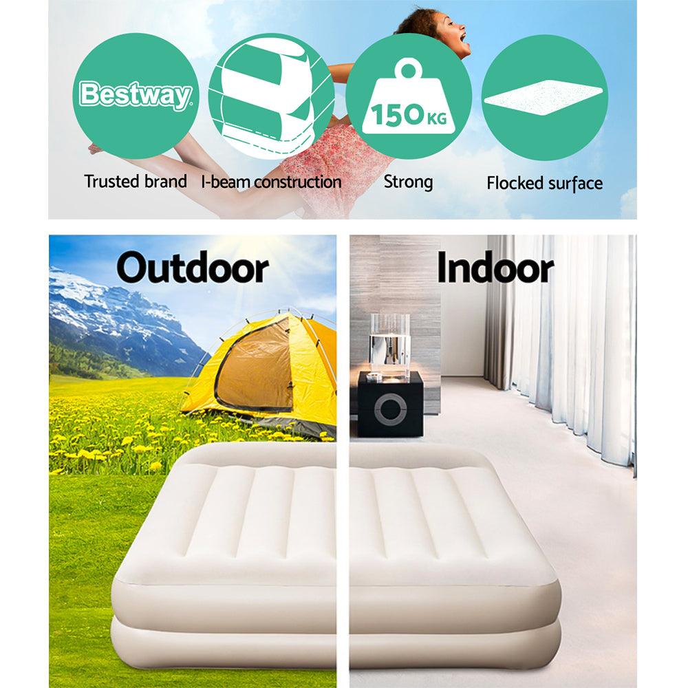 Bestway Air Bed single size mattress with built-in pump, showcasing its flocked surface and sturdy design, ideal for camping and home use.