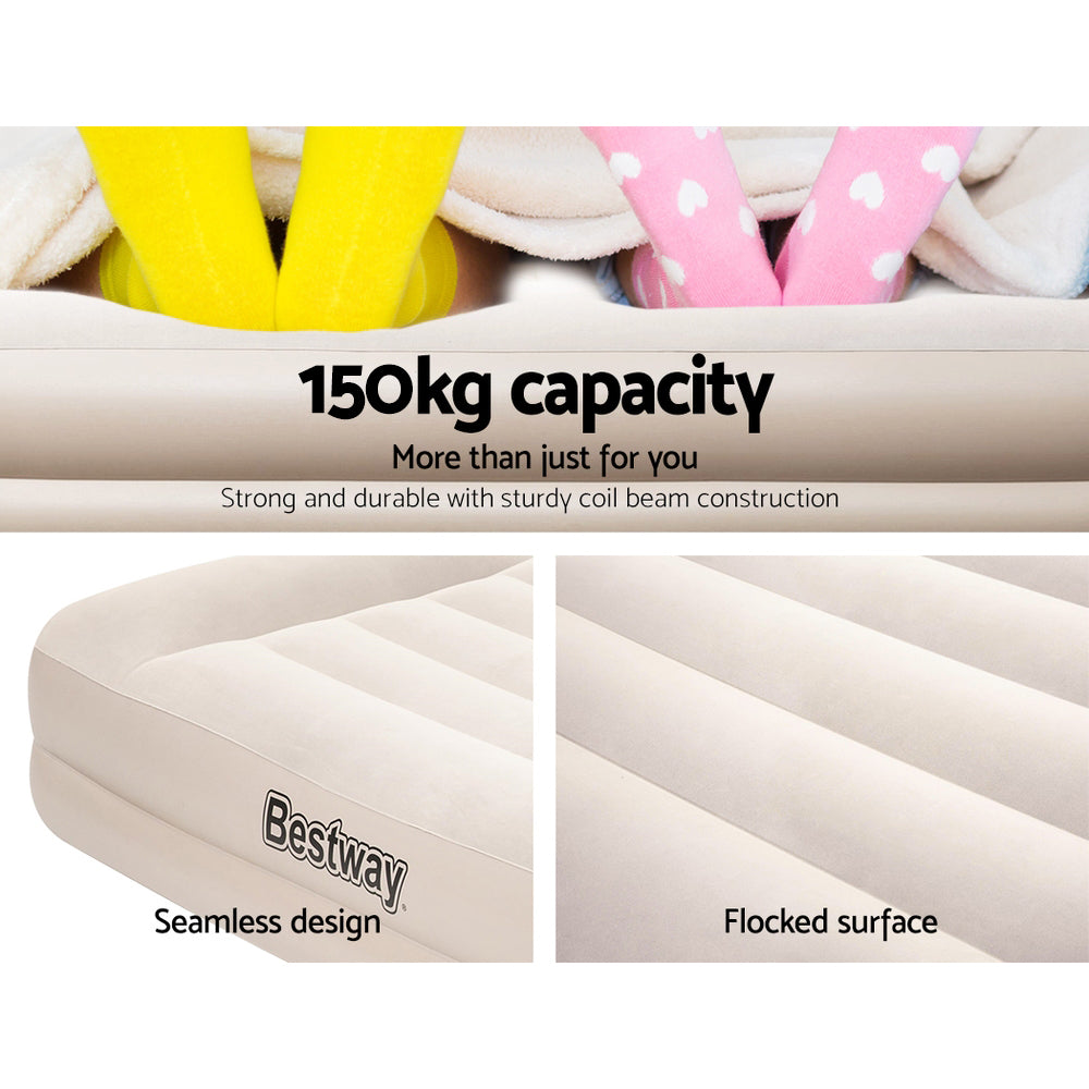 Bestway Air Bed single size mattress with built-in pump, showcasing its flocked surface and sturdy design, ideal for camping and home use.