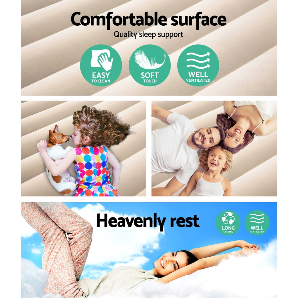 Bestway Air Bed single size mattress with built-in pump, showcasing its flocked surface and sturdy design, ideal for camping and home use.
