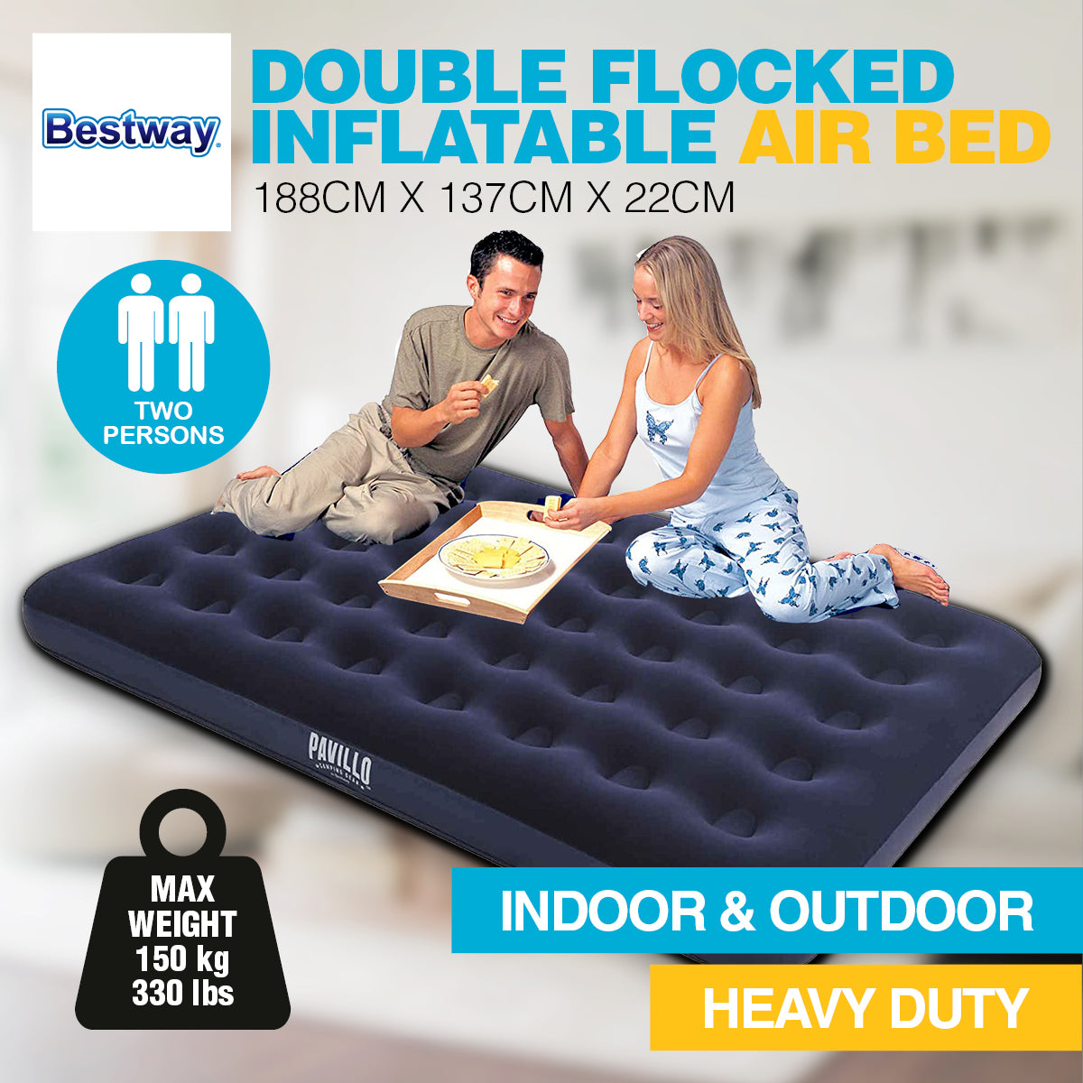 Bestway Double Inflatable Air Bed featuring a durable design, coil beam construction, and a soft flocked top, suitable for indoor and outdoor use.